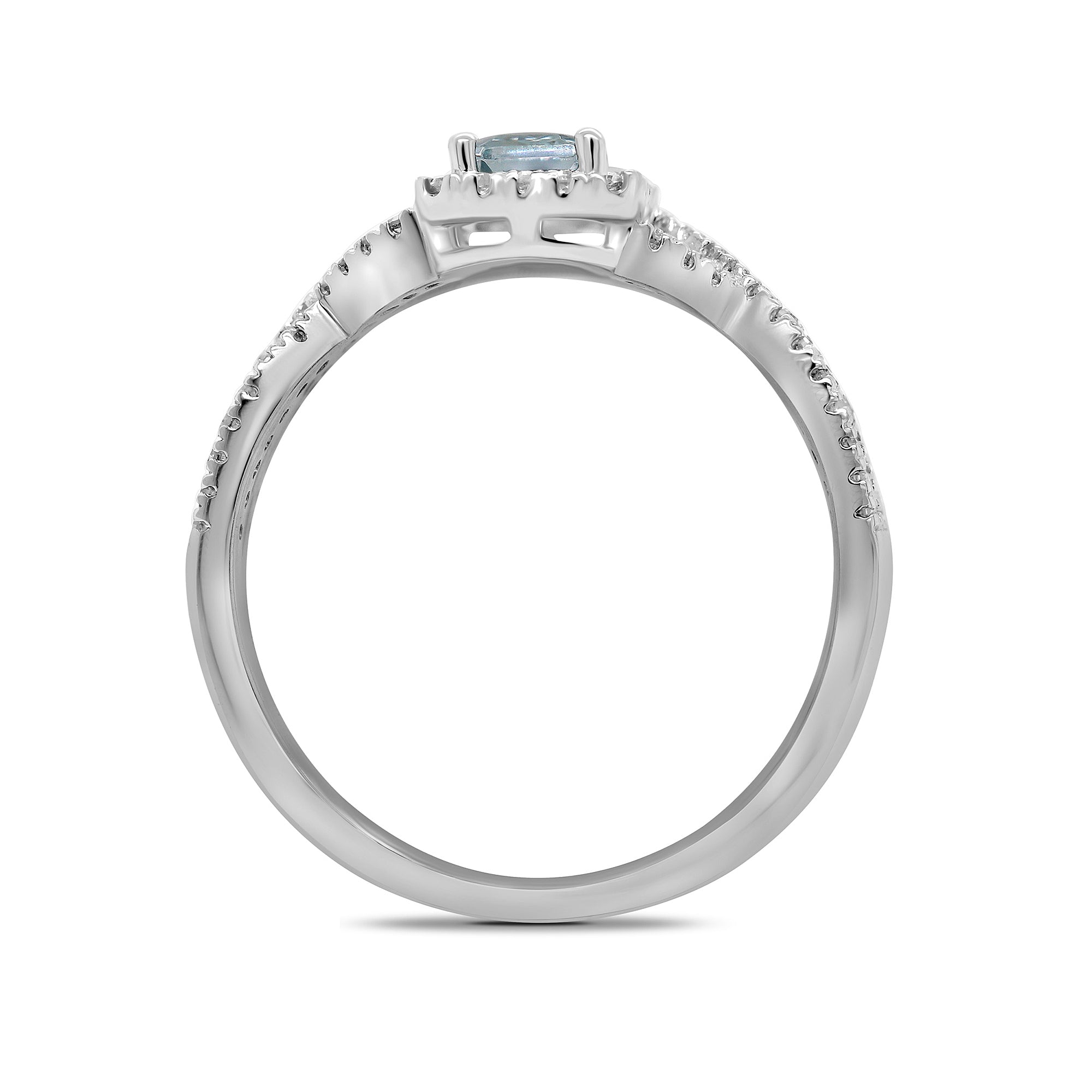 9ct white gold 6x4mm octagon cut aquamarine & diamond set crossover shank cluster ring 0.21ct