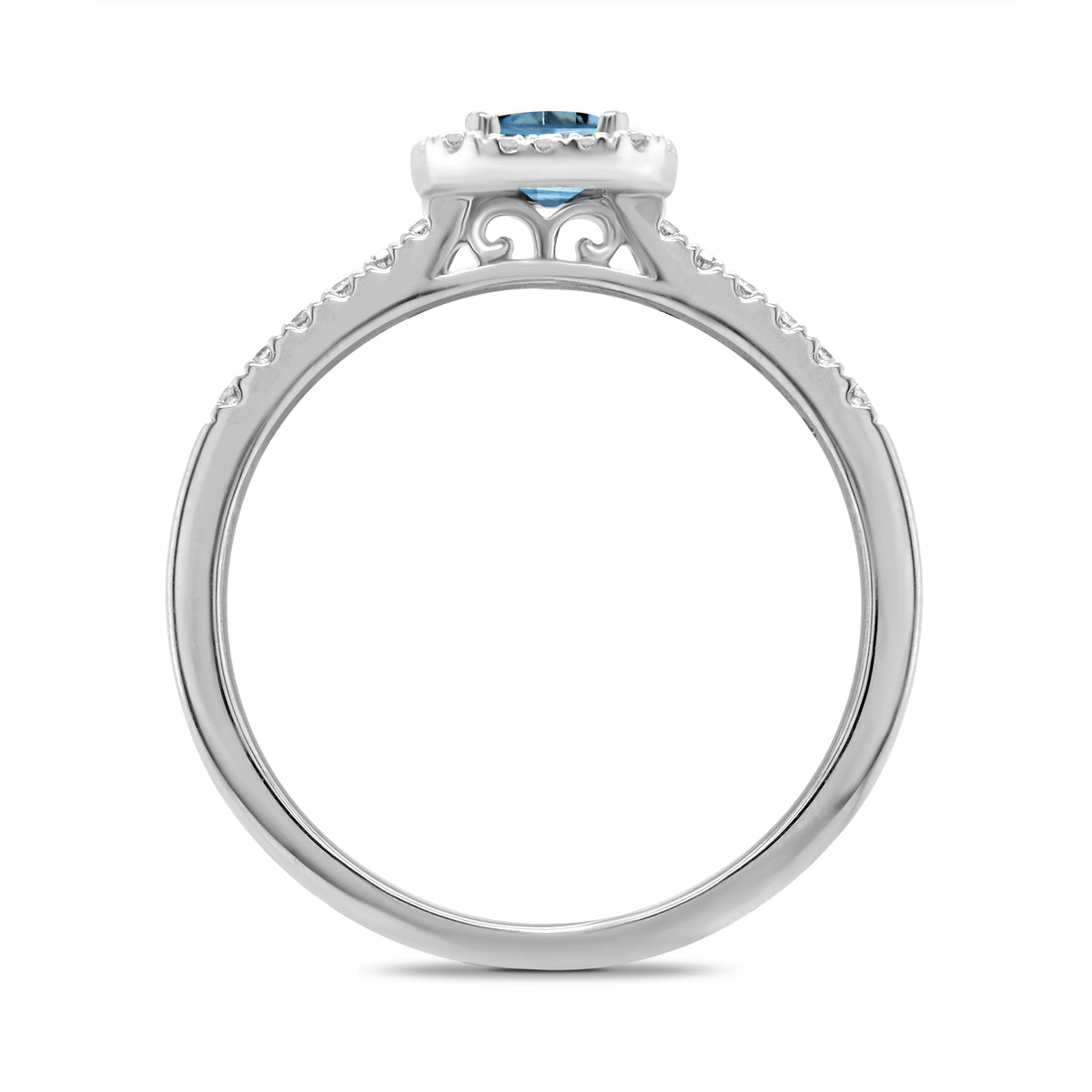 9ct white gold 6x4mm octagon cut aquamarine & diamond cluster ring with diamond shoulders 0.20ct