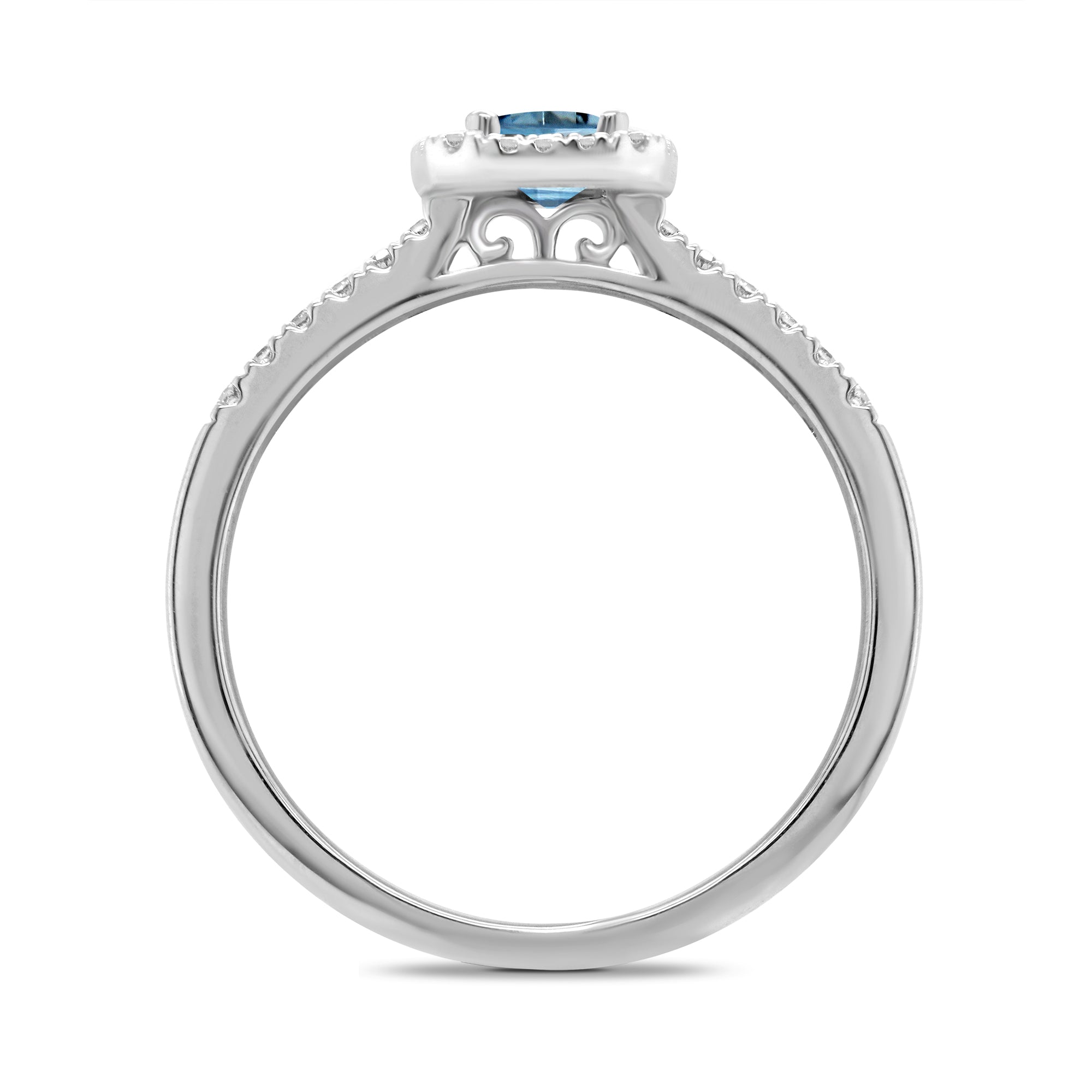9ct white gold 6x4mm octagon cut aquamarine & diamond cluster ring with diamond shoulders 0.20ct