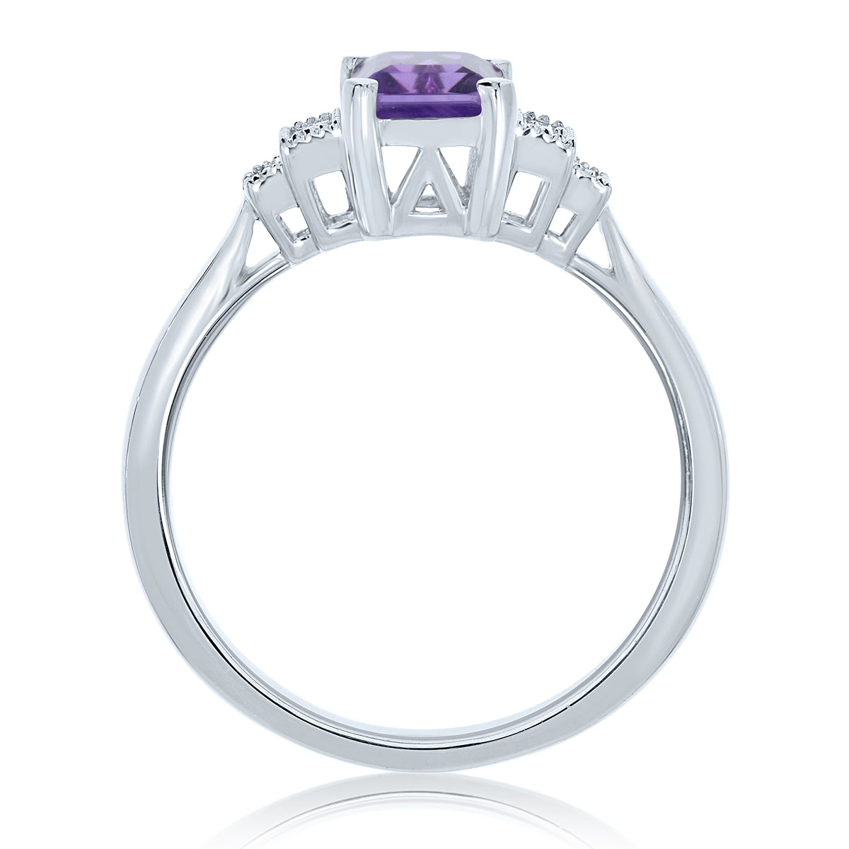 9ct white gold 7x5mm octagon cut amethyst & stepped diamond shoulders ring 0.11ct