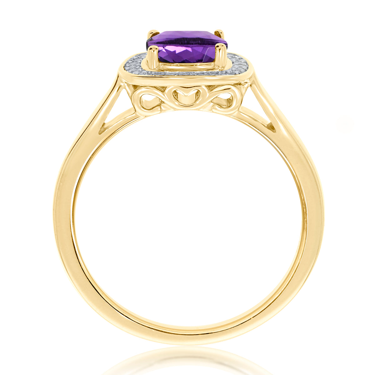 9xt gold checkerboard cut 6mm cushion shape amethyst & diamond cluster ring 0.10ct