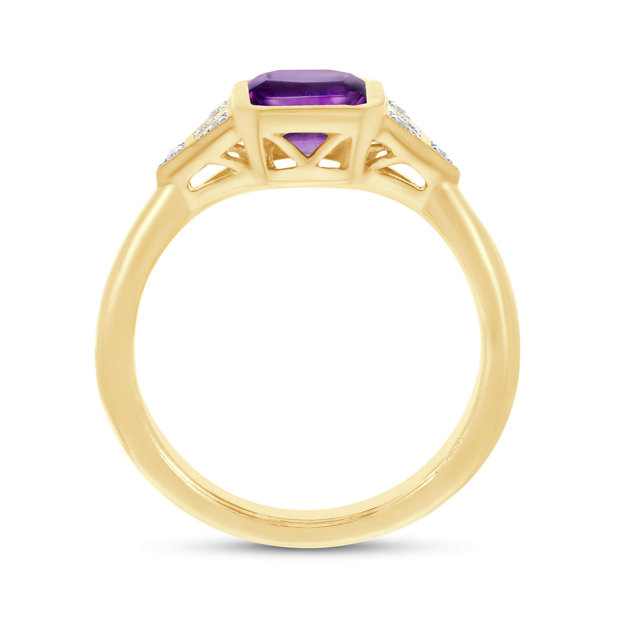 9ct gold 9x7mm octagon cut rubover set amethyst & diamond ring 0.05ct