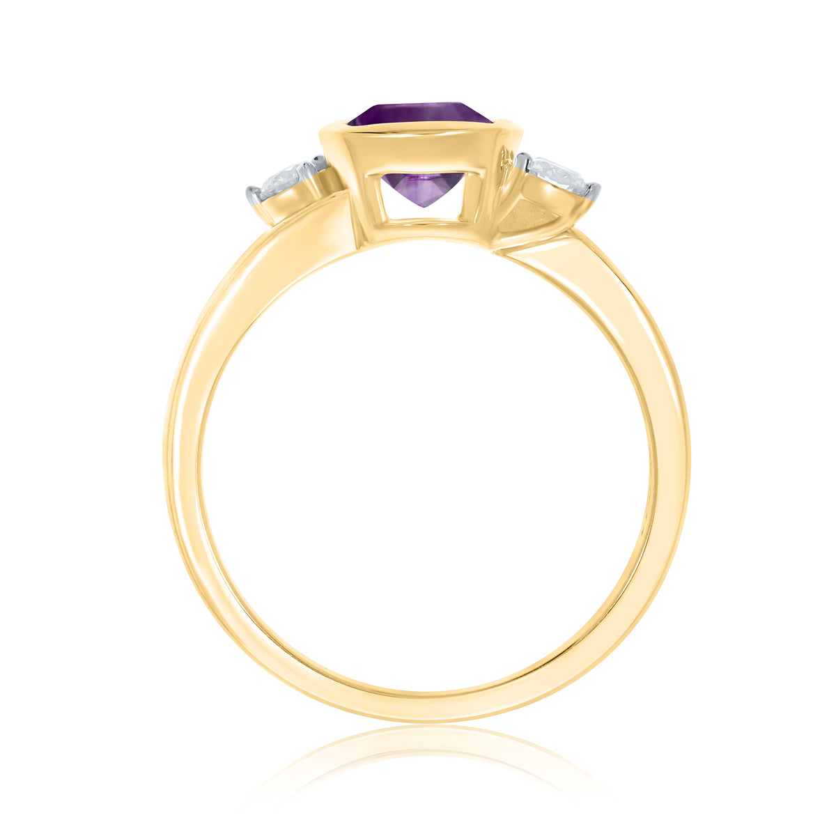 9ct gold 6mm cushion shape rub over set amethyst & diamond ring 0.14ct