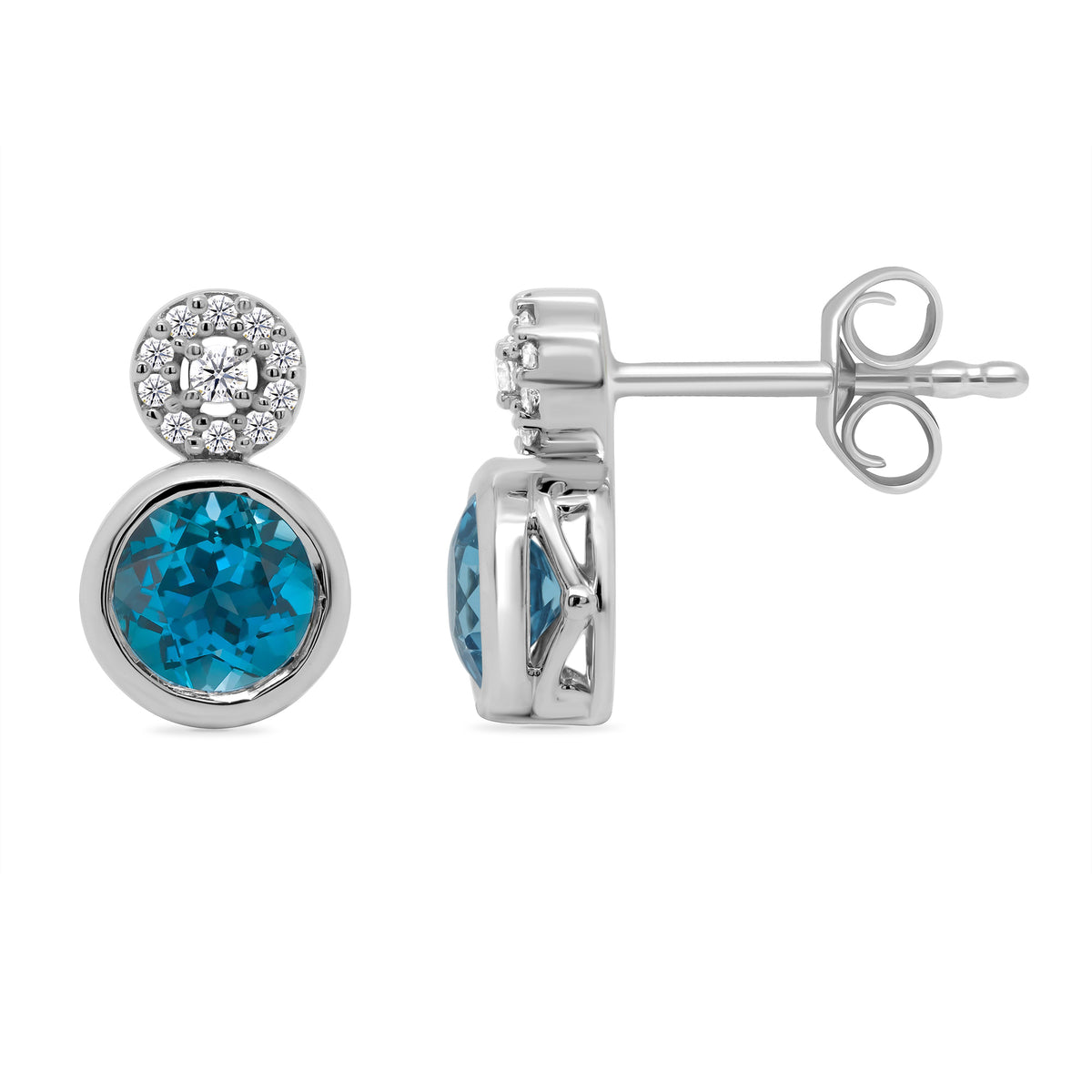 9ct white gold round blue topaz &amp; diamond stud earrings 0.08ct