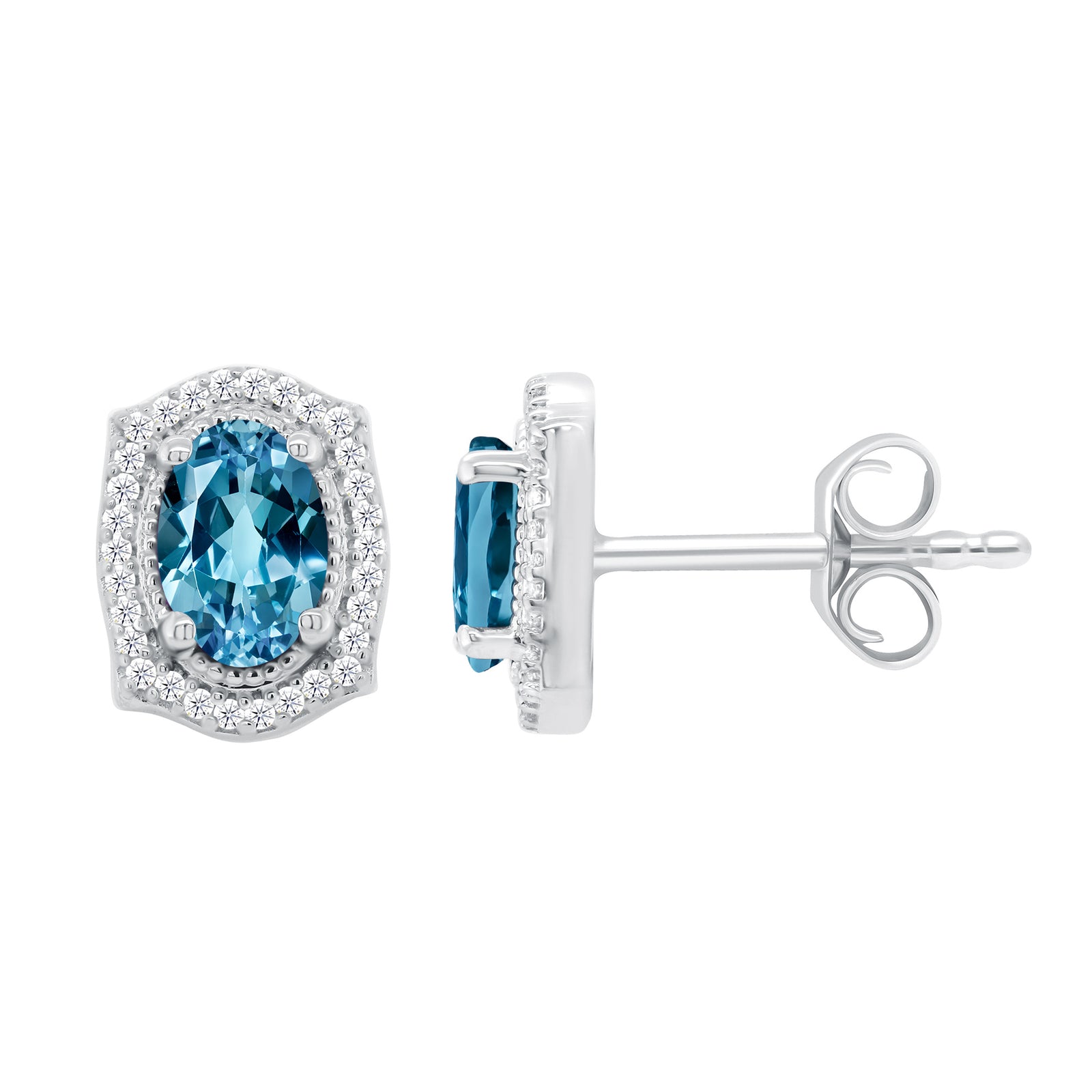 9ct white gold blue topaz & diamond cluster studs 0.12ct