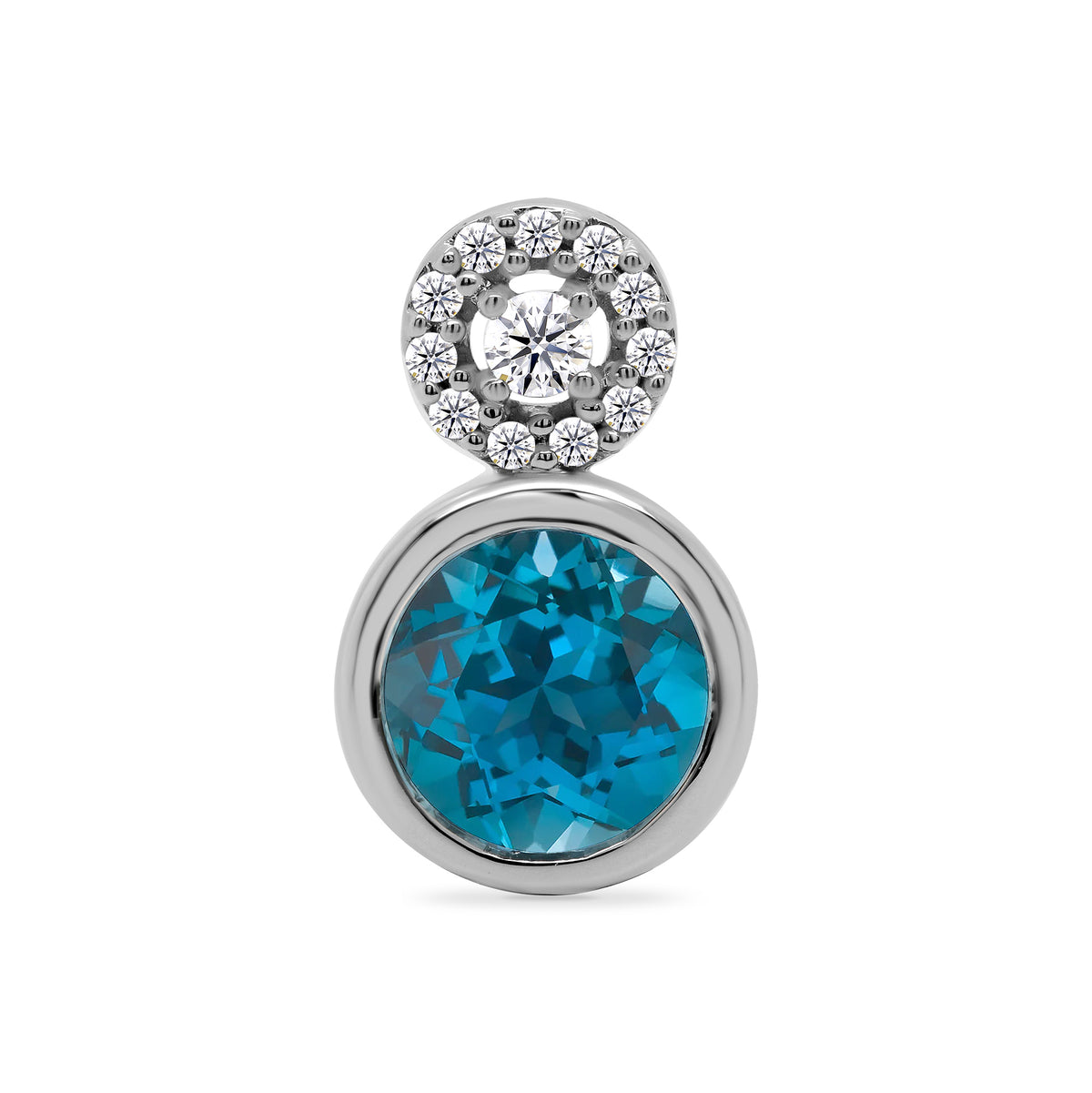 9ct white gold round blue topaz &amp; diamond pendant 0.07ct