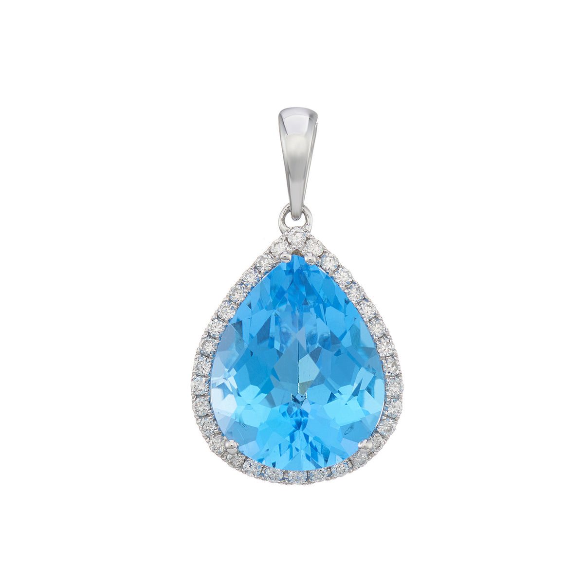 9ct white gold 9x11mm pear shape blue topaz  &amp; diamond pendant 0.13ct