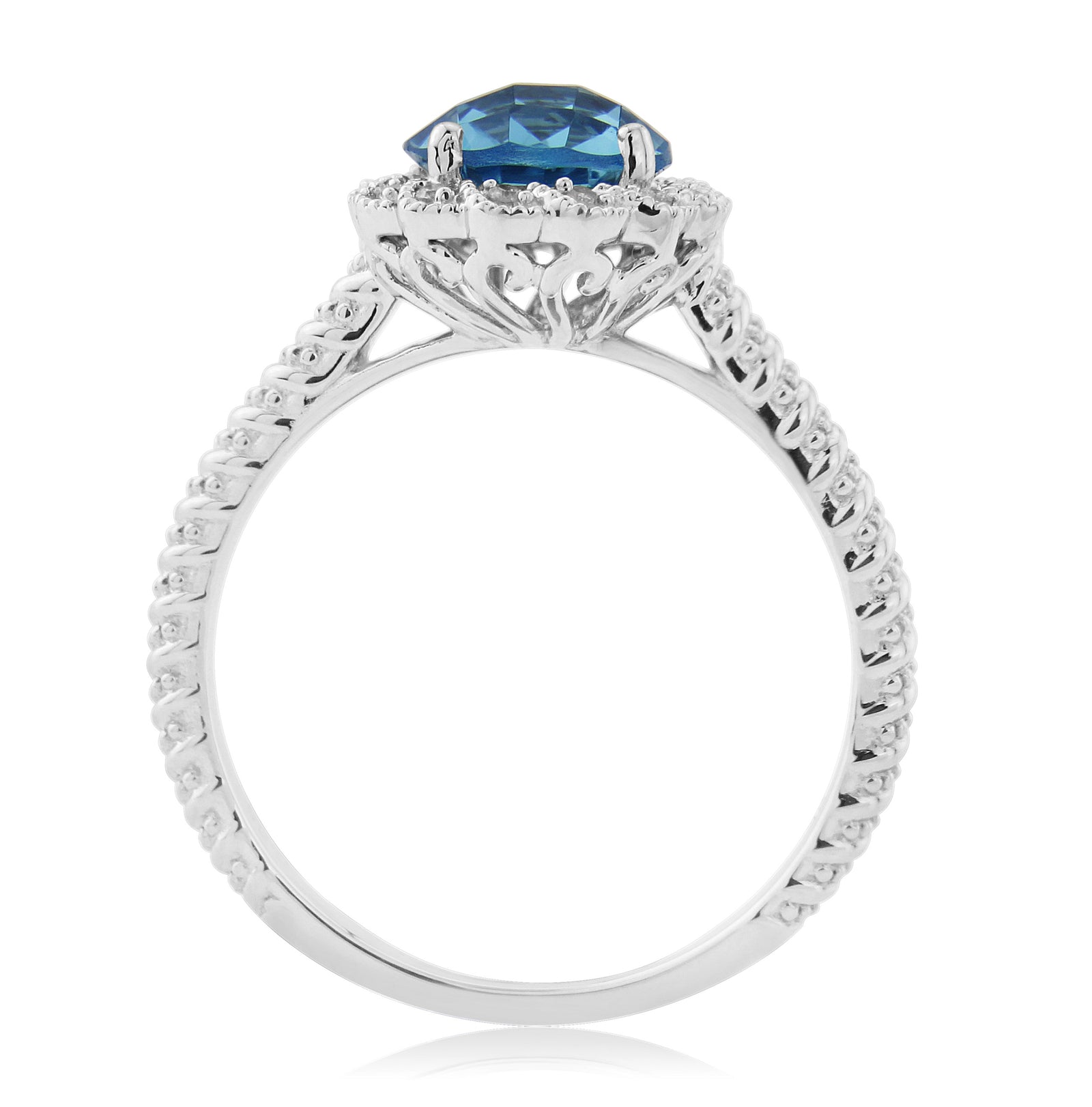 9ct white gold checkerboard cut 7mm round blue topaz & diamond ring 0.05ct