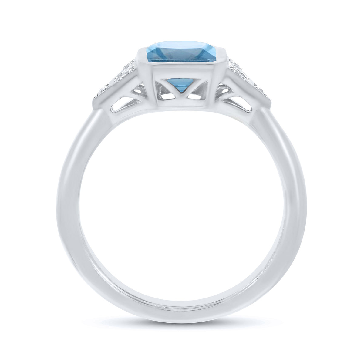 9ct white gold 9x7mm octagon cut rubover set blue topaz & diamond ring 0.05ct