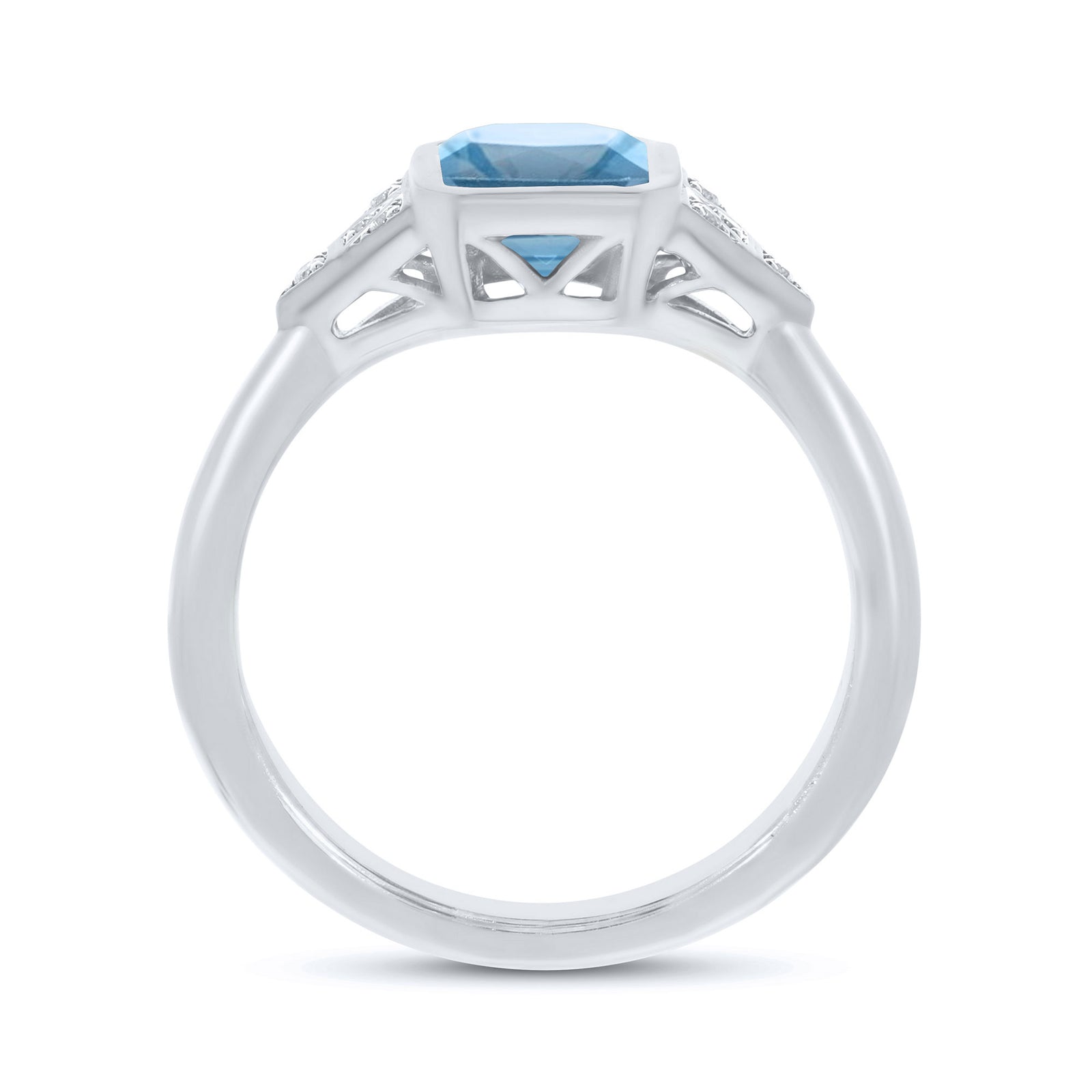9ct white gold 9x7mm octagon cut rubover set blue topaz & diamond ring 0.05ct