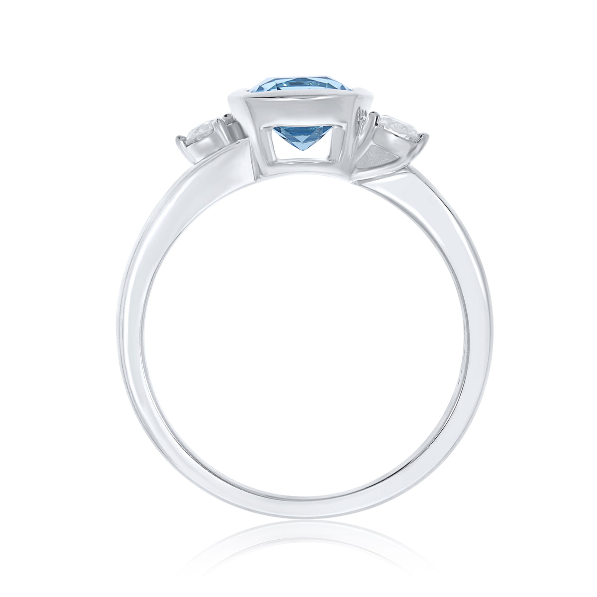 9ct white gold 6mm cushion shape rub over set blue topaz & diamond ring 0.14ct