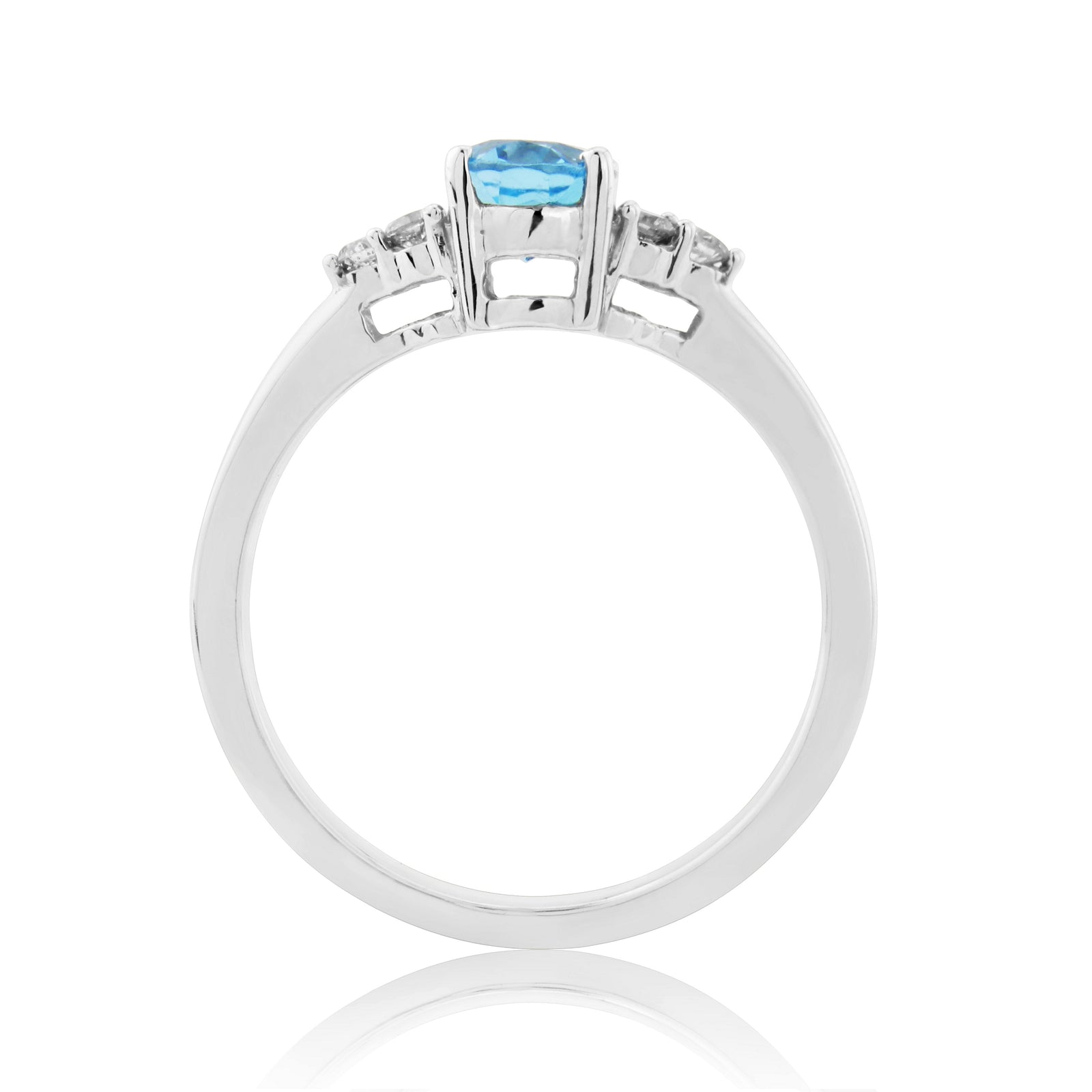 9ct white gold 7x5mm oval blue topaz & triple diamond shoulders ring 0.15ct