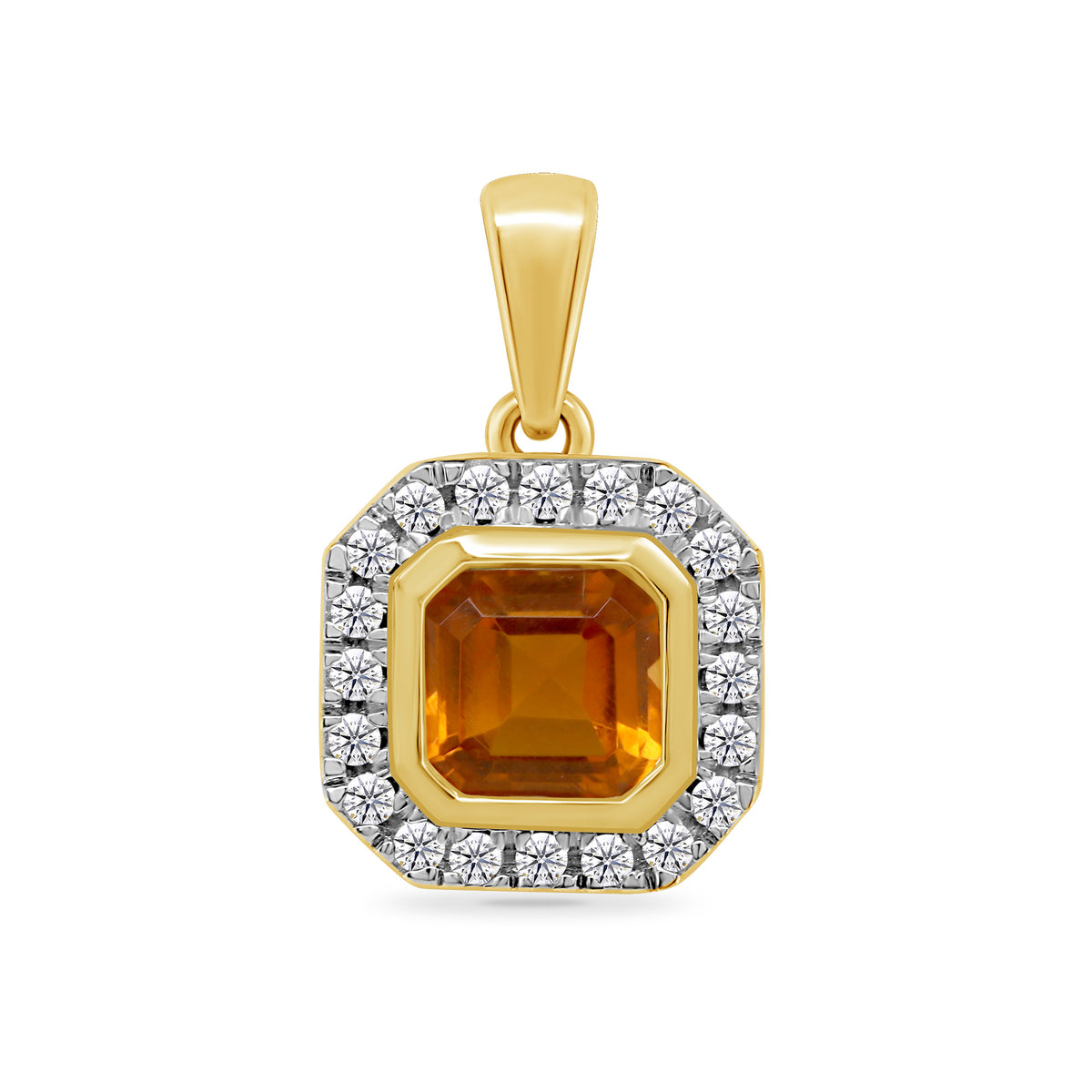 9ct gold 5mm square citrine &amp; diamond cluster pendant 0.10ct