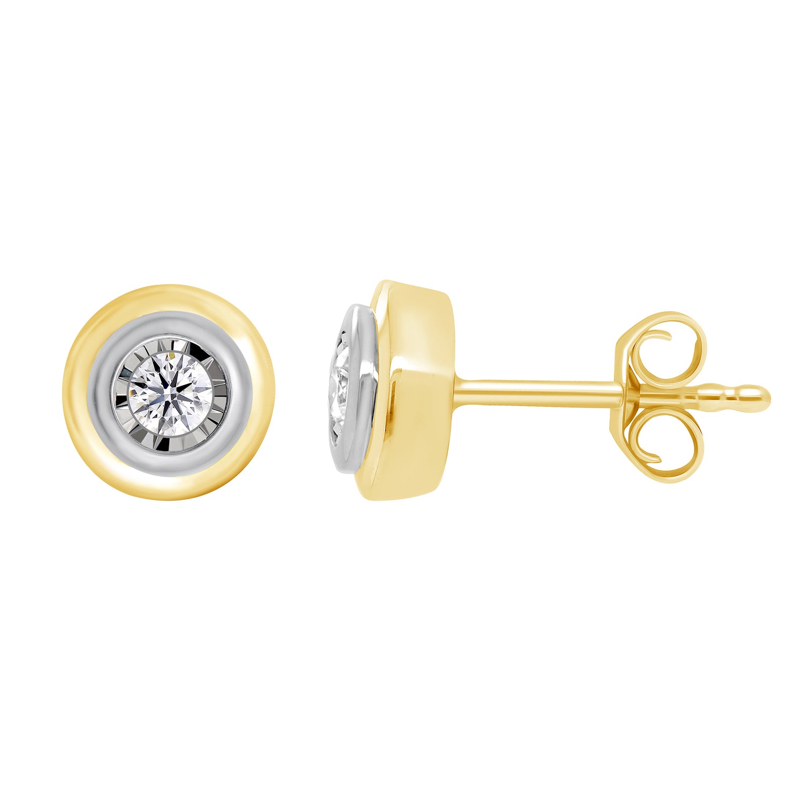 9ct yellow gold single stone miracle plate donut diamond stud earrings 0.15ct
