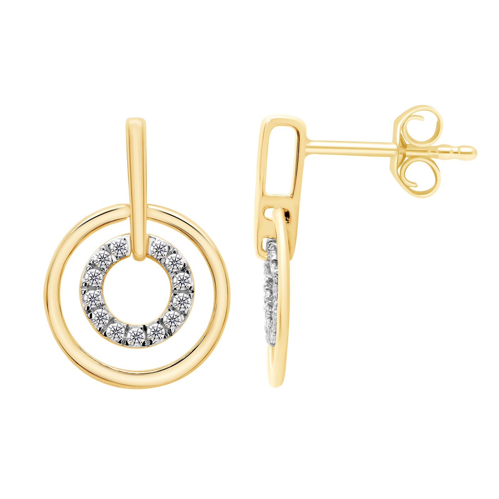 9ct gold twin circles with diamond set centre earrings 0.12ct