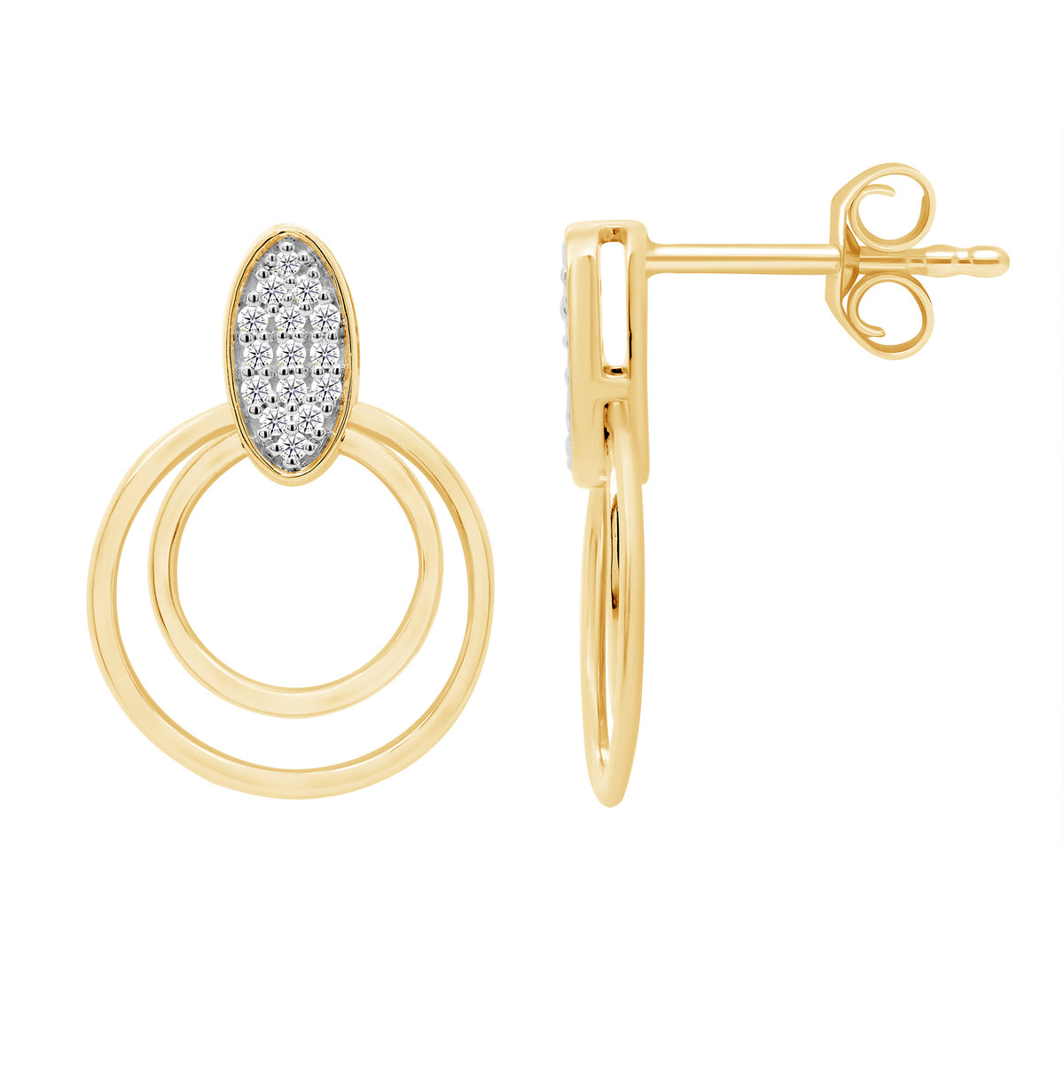 9ct gold plain circles diamond set oval top earrings 0.10ct