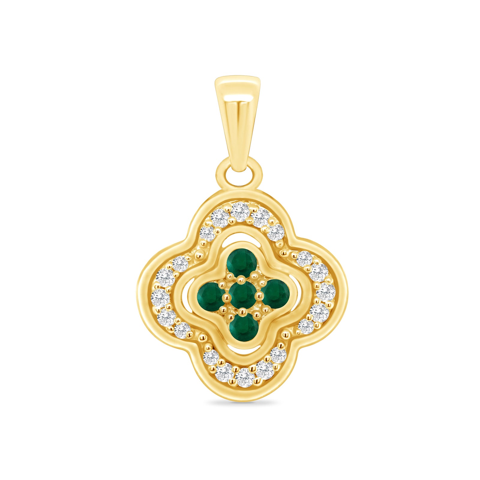 9ct gold clover shape emerald & diamond pendant 0.11ct