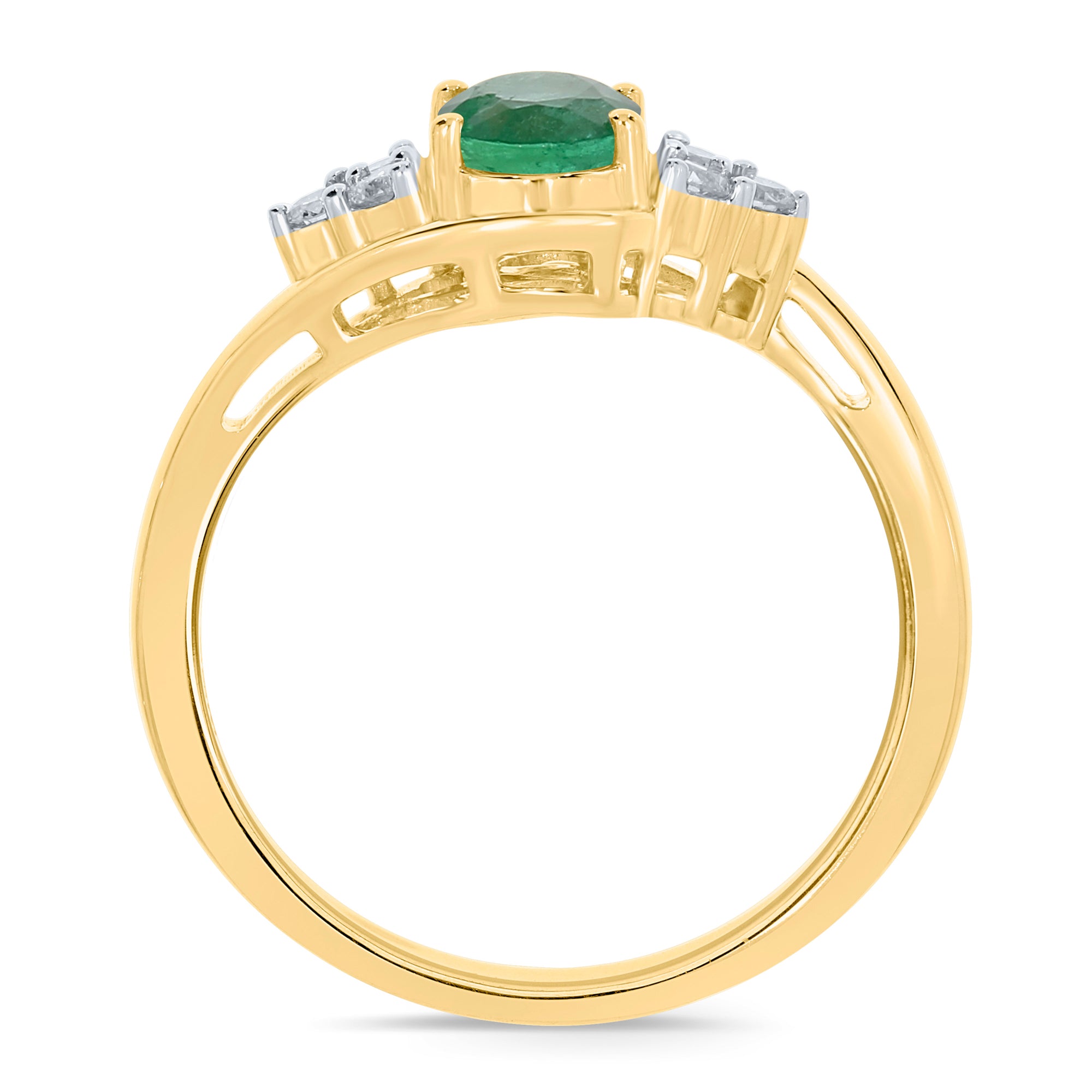 9ct gold 7x5mm oval emerald & triple diamond shoulders cross-over ring 0.15ct