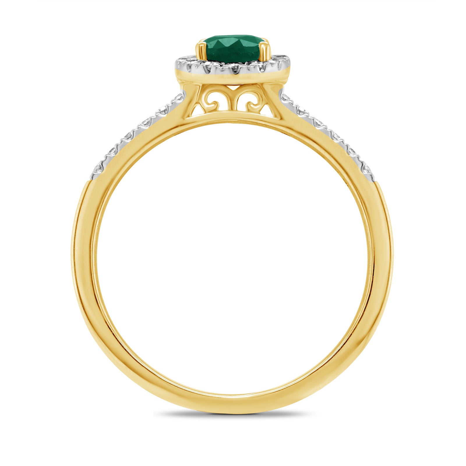 9ct gold 6x4mm oval emerald & diamond cluster ring with diamond set shoulders 0.20ct