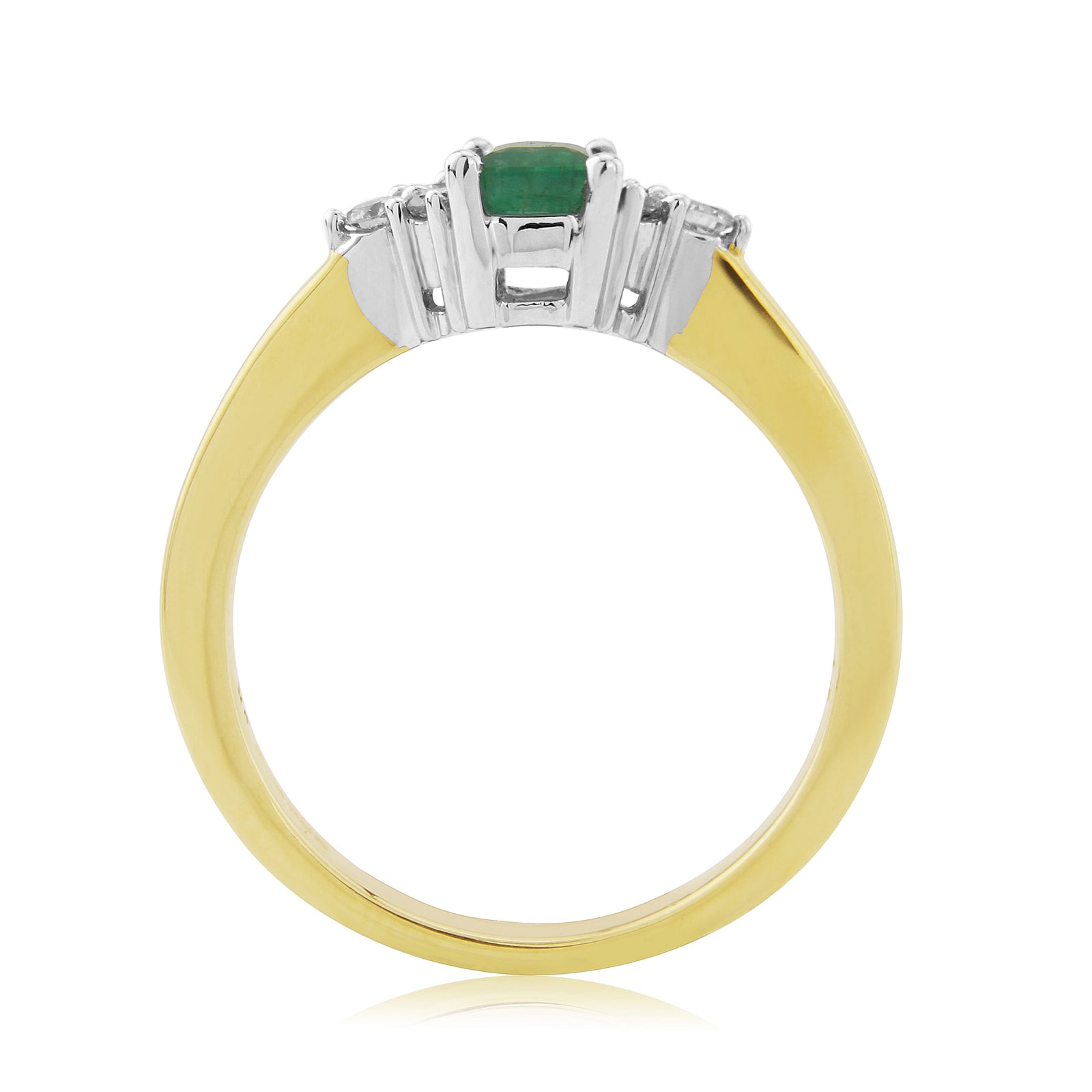 9ct gold 6x4mm octagon cut emerald & three stone diamond shoulders ring 0.14ct