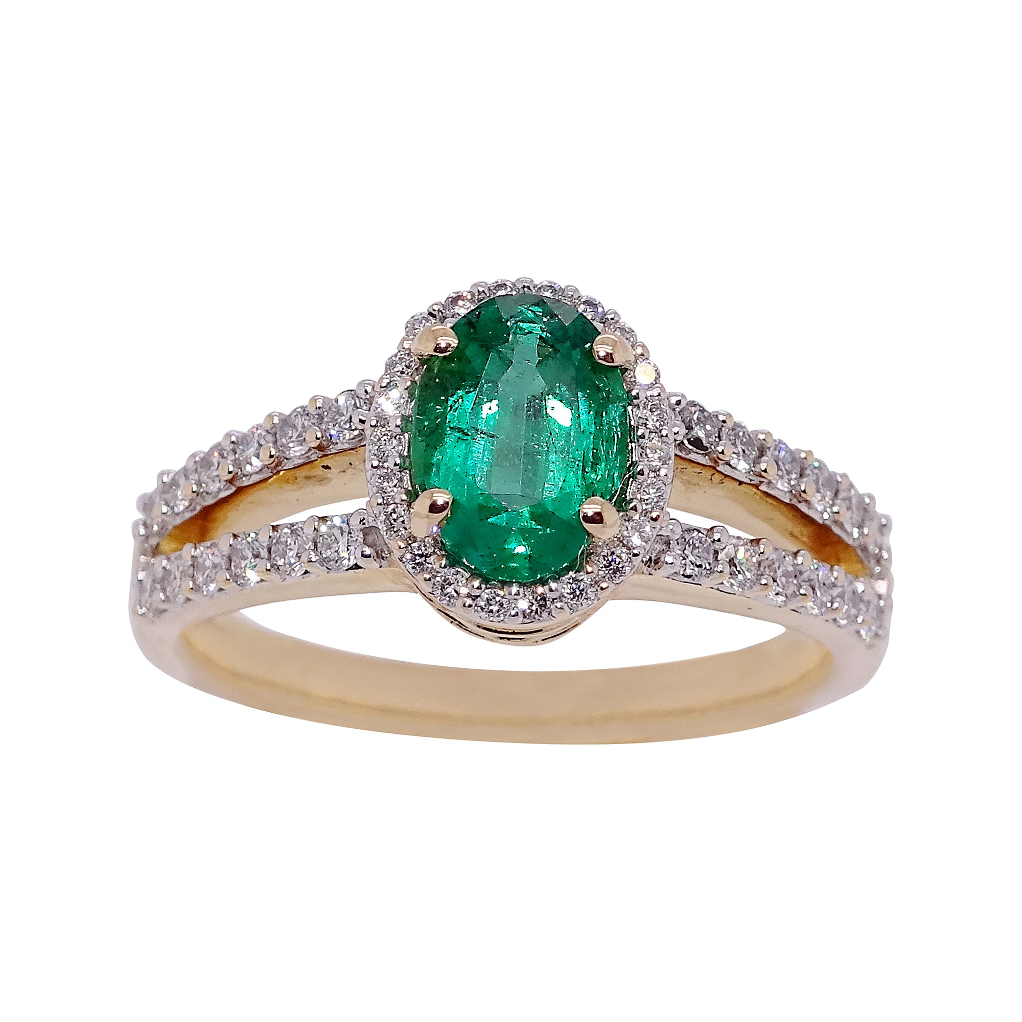 18ct gold 1.07ct oval cut emerald (7.87*5.71*4.00mm) & diamond ring with diamond shoulders 0.45ct Size O