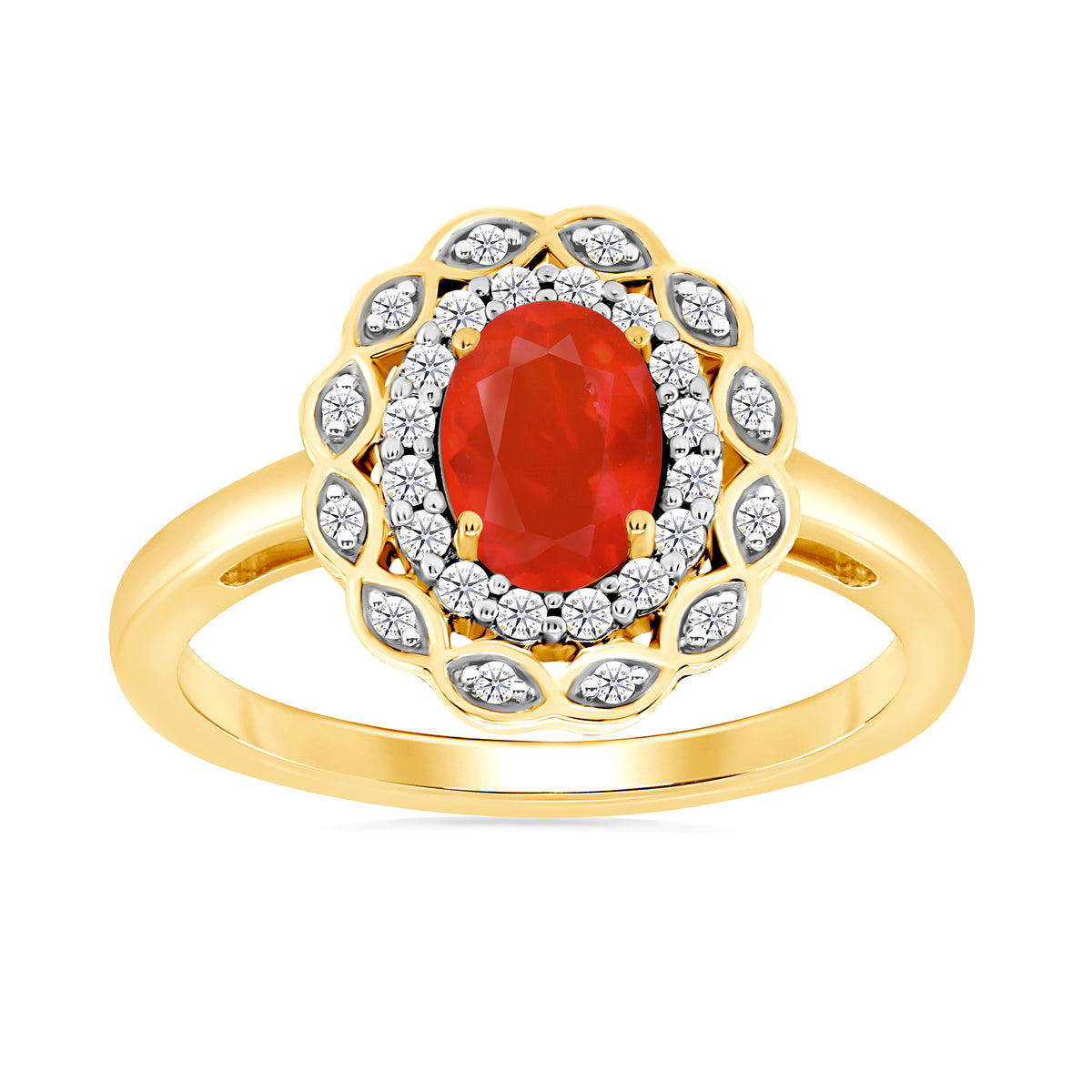 9ct gold 7x5mm oval fire opal &amp; two row diamond cluster ring 0.16ct