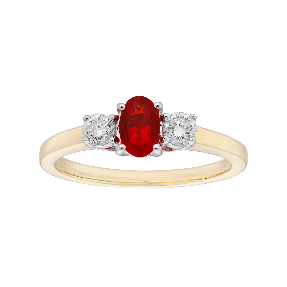 9ct gold 6x4mm oval fire opal &amp; diamond three stone ring 0.24ct