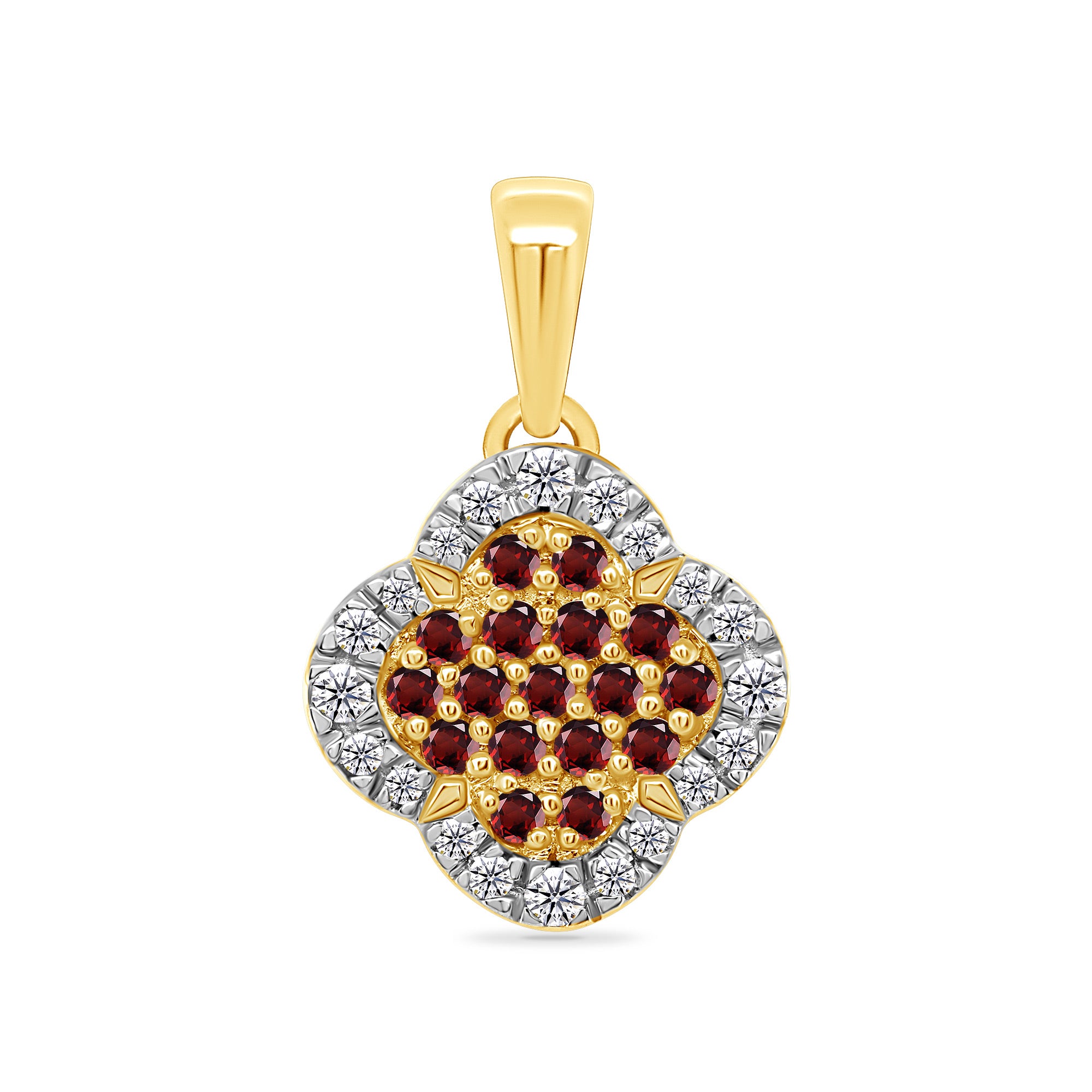 9ct gold clover shape garnet & diamond pendant 0.11ct