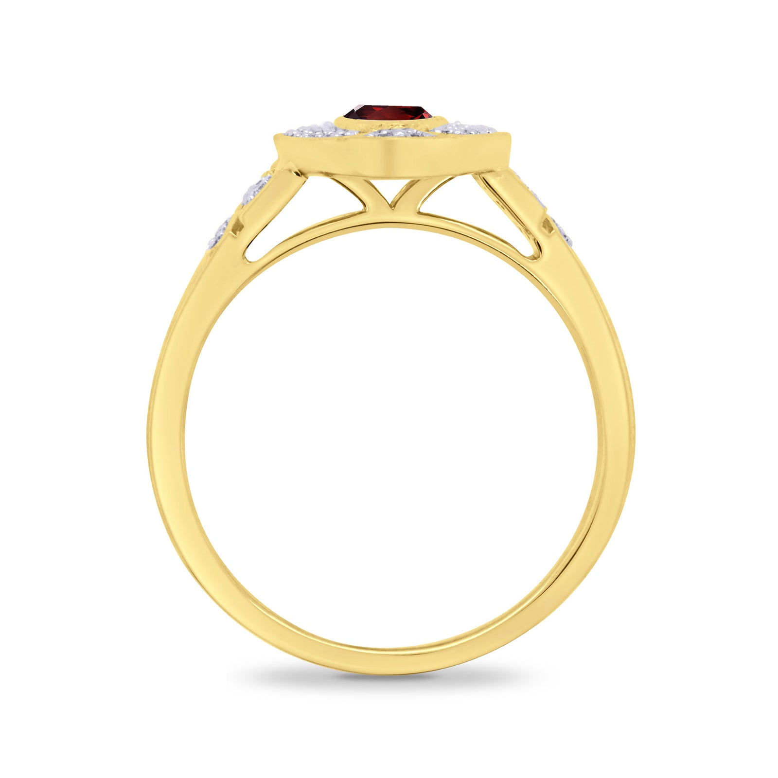 9ct gold 6x4mm oval garnet & antique style diamond cluster ring 0.18ct