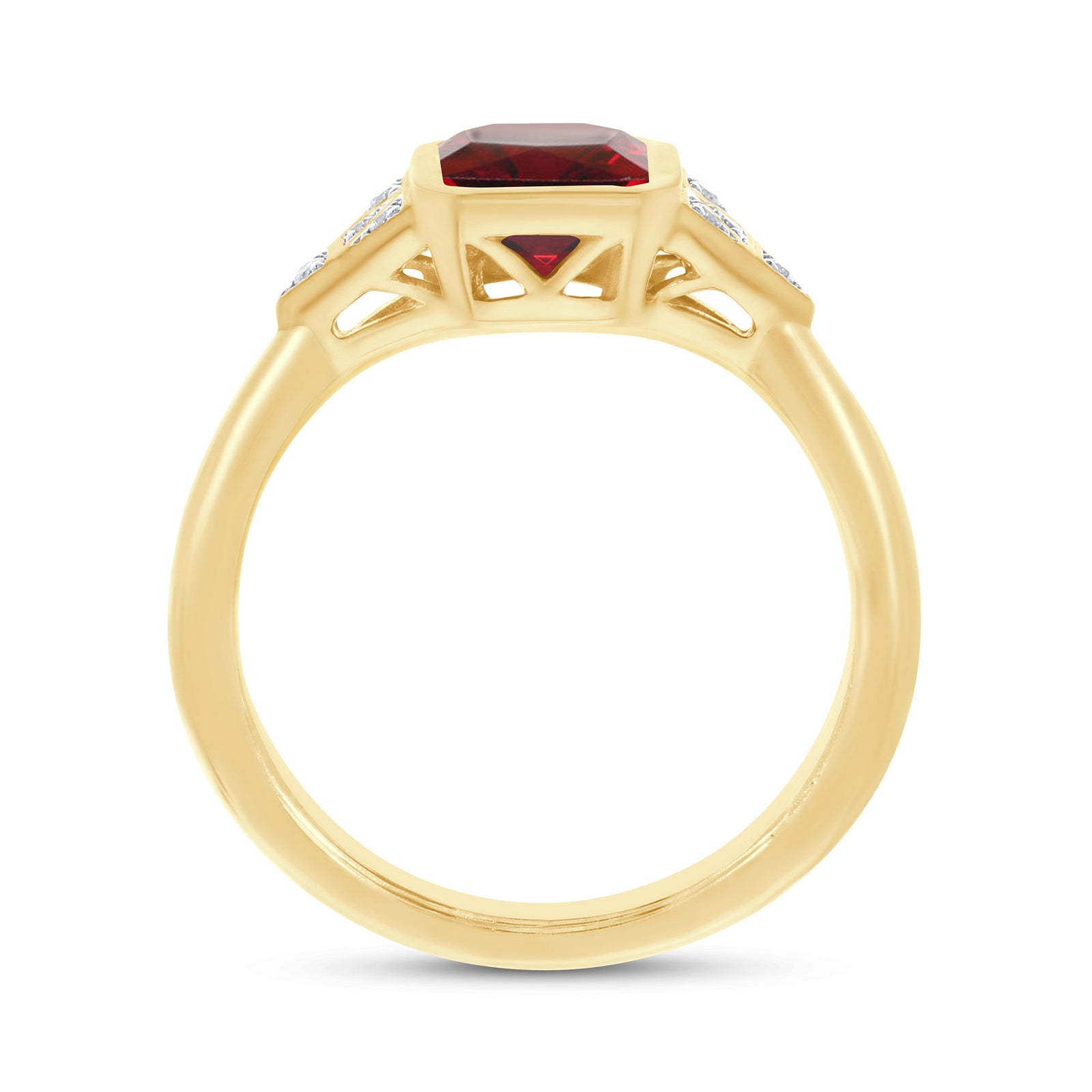9ct gold 9x7mm octagon cut rubover set garnet & diamond ring 0.05ct
