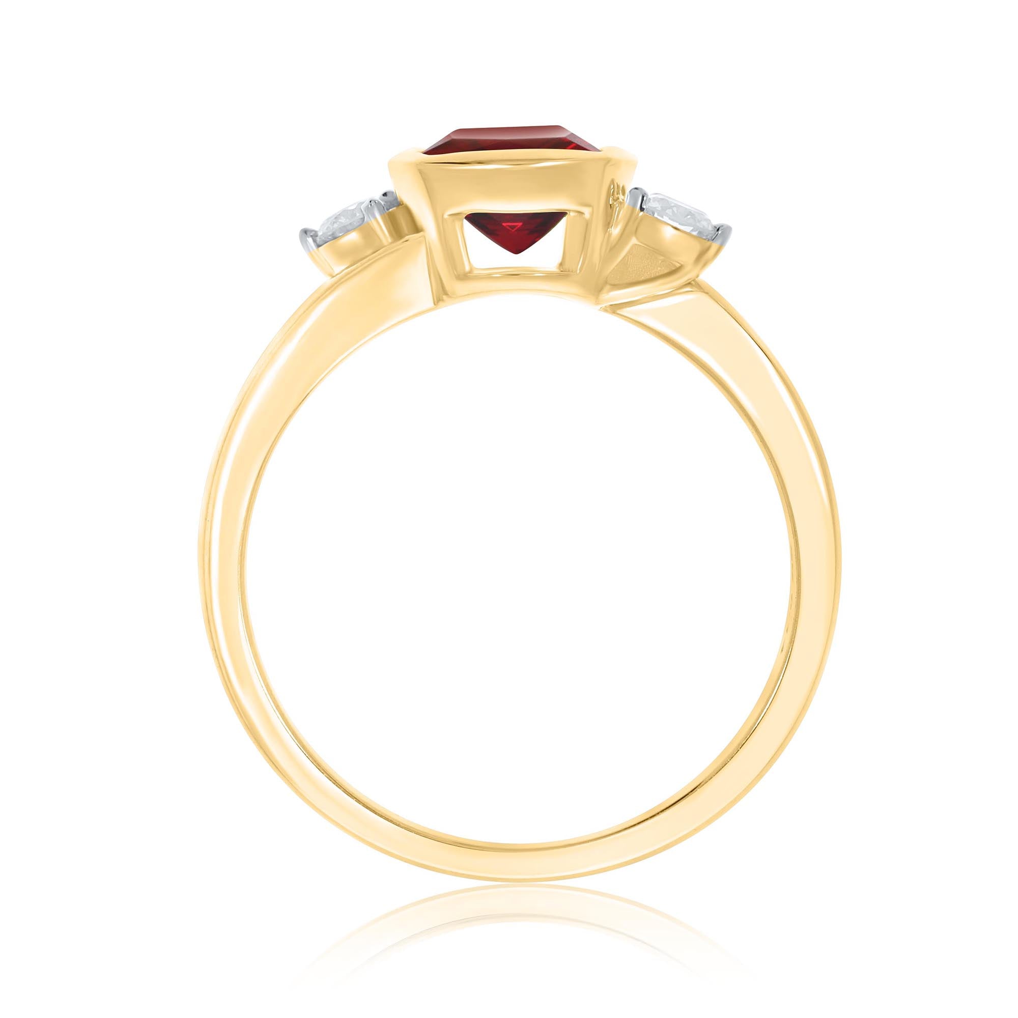 9ct gold 6mm cushion shape rub over set garnet & diamond ring 0.14ct