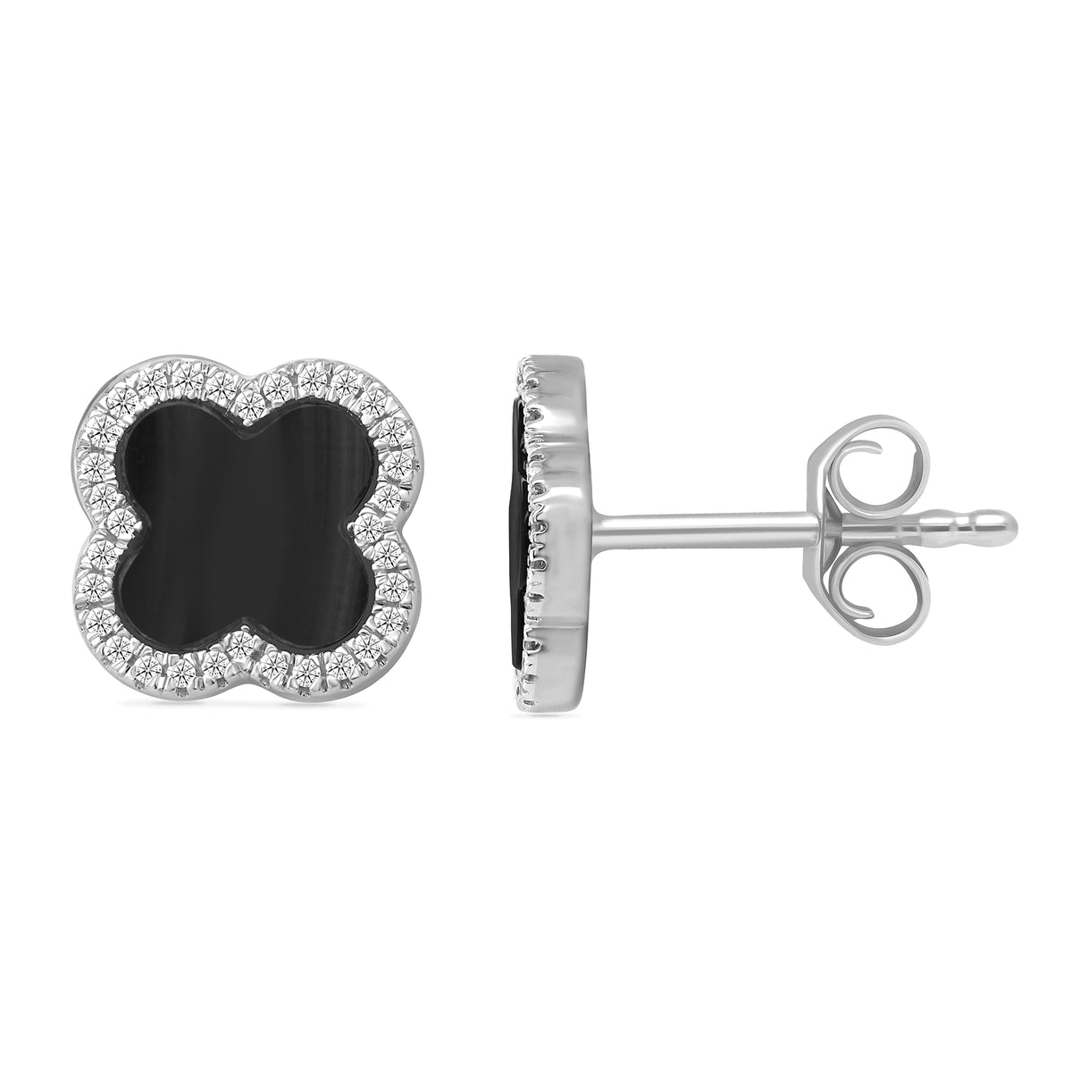 9ct white gold clover shape created onyx &amp; diamond cluster stud earrings 0.16ct