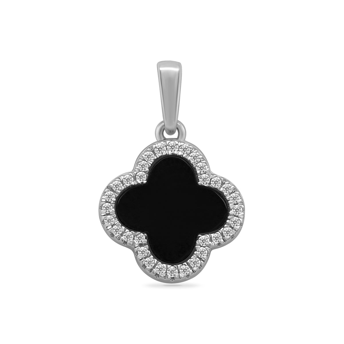 9ct white gold clover shape created onyx &amp; diamond cluster pendant 0.13ct