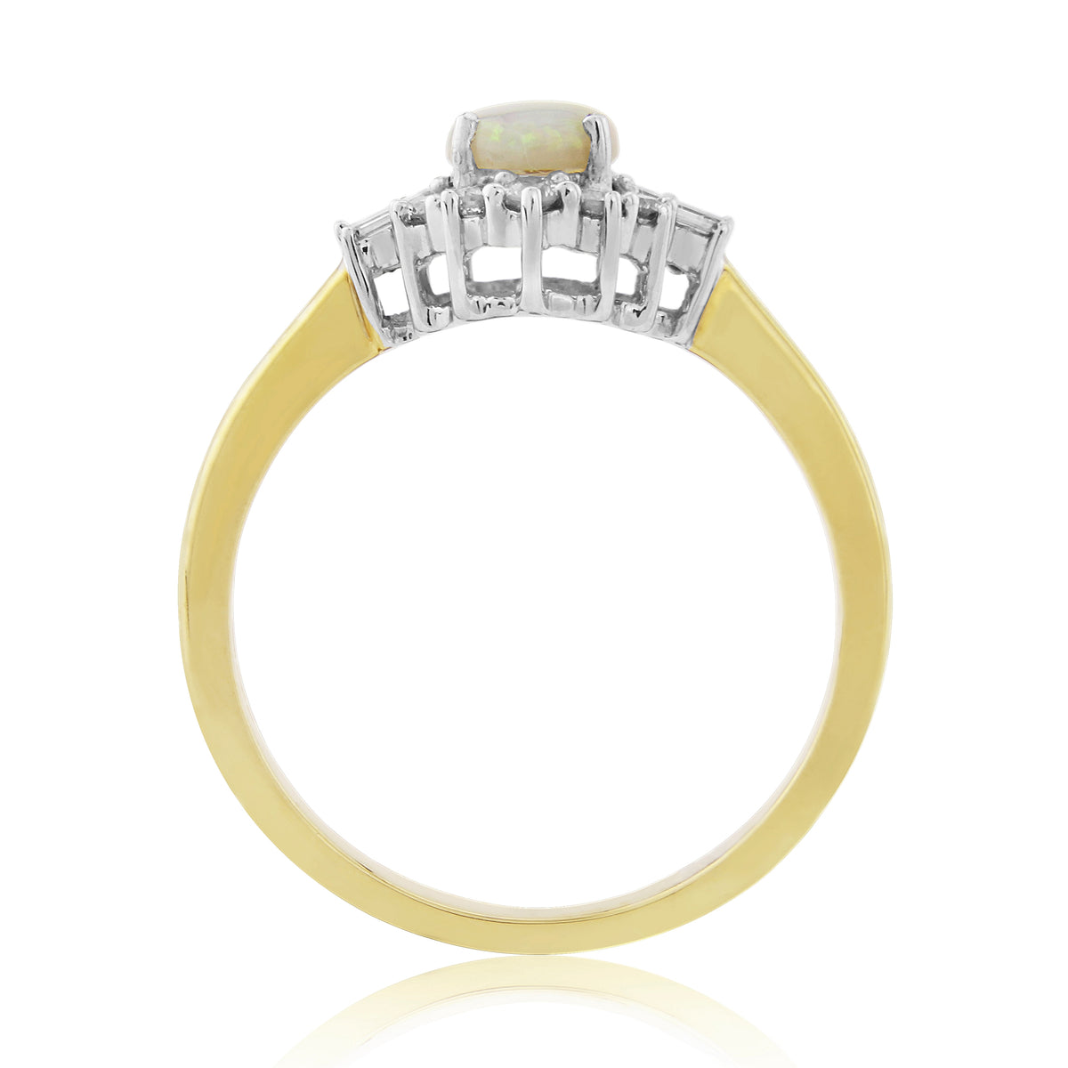 9ct gold 7x5mm oval opal & brilliant /baguette cut diamond cluster ring 0.33ct