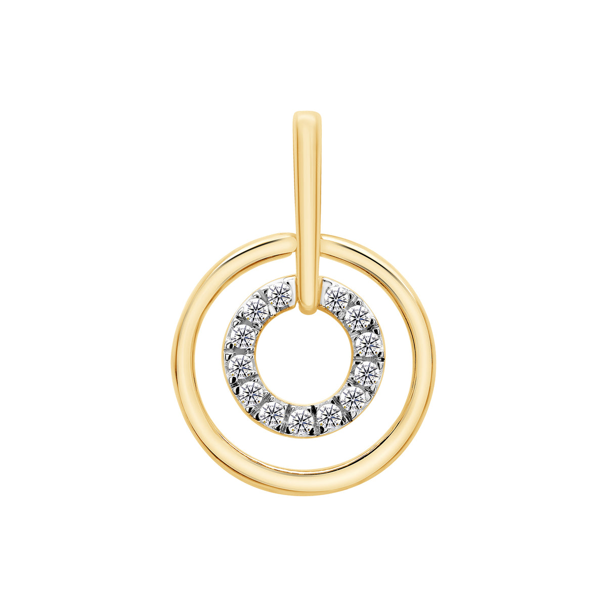 9ct gold twin circles with diamond set centre pendant 0.10ct