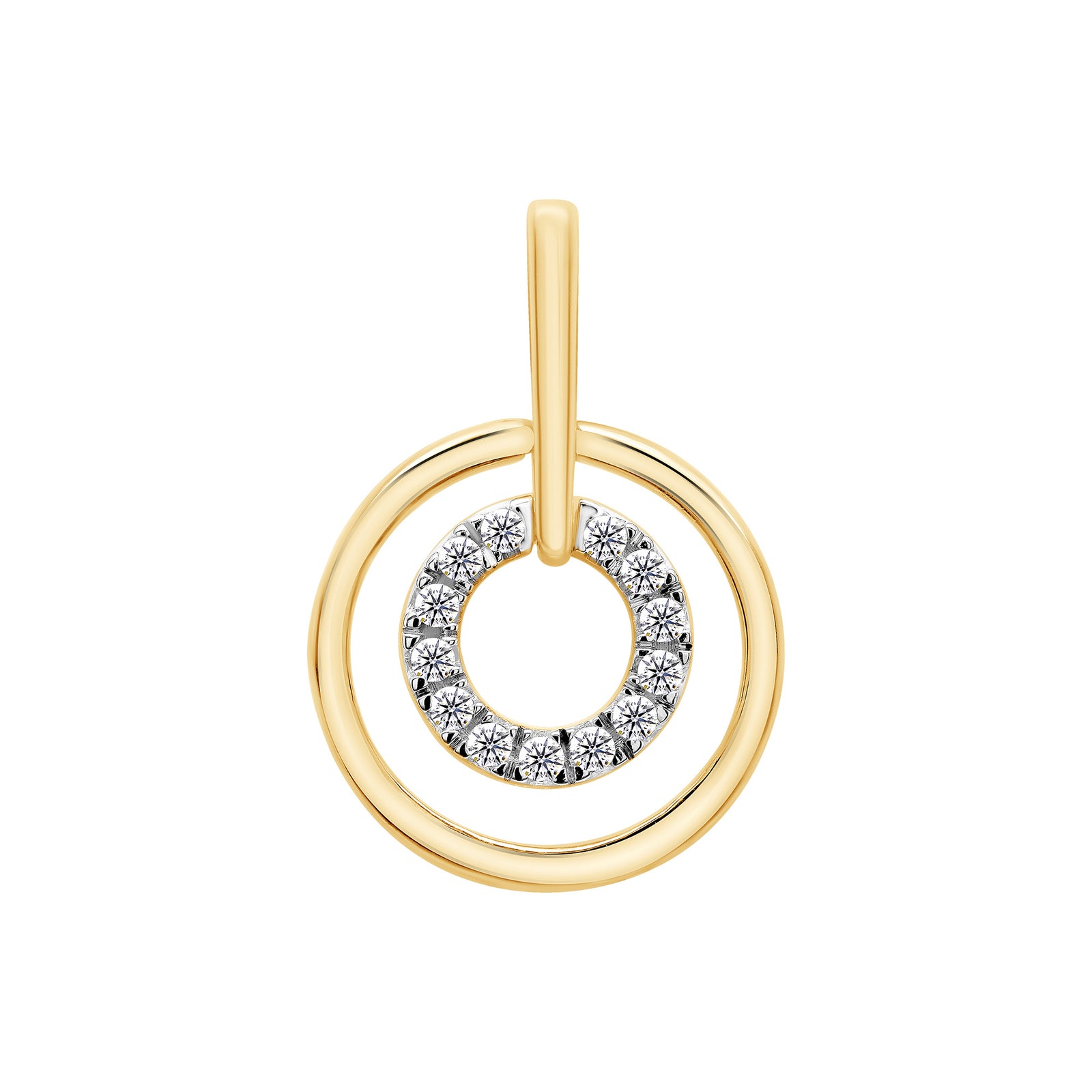 9ct gold twin circles with diamond set centre pendant 0.10ct