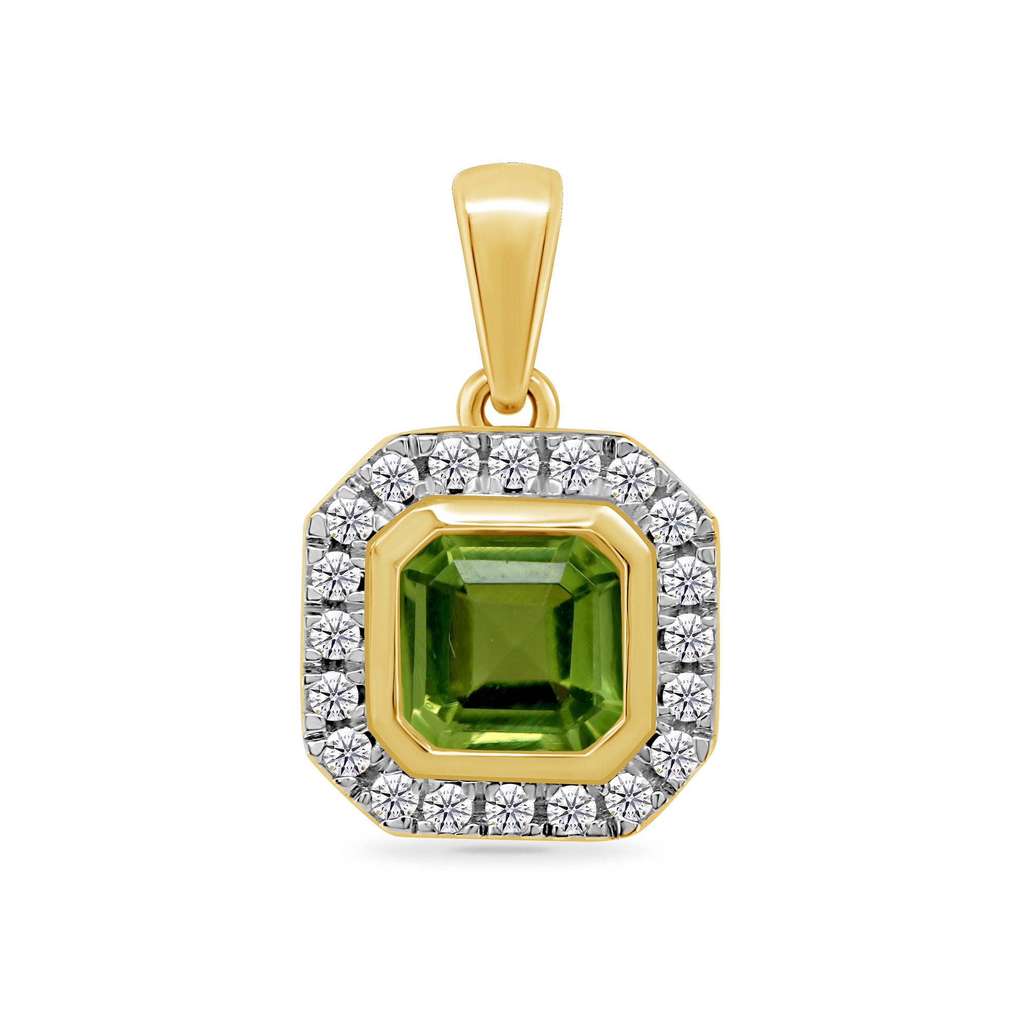 9ct gold 5.00mm square peridot & diamond cluster pendant 0.10ct