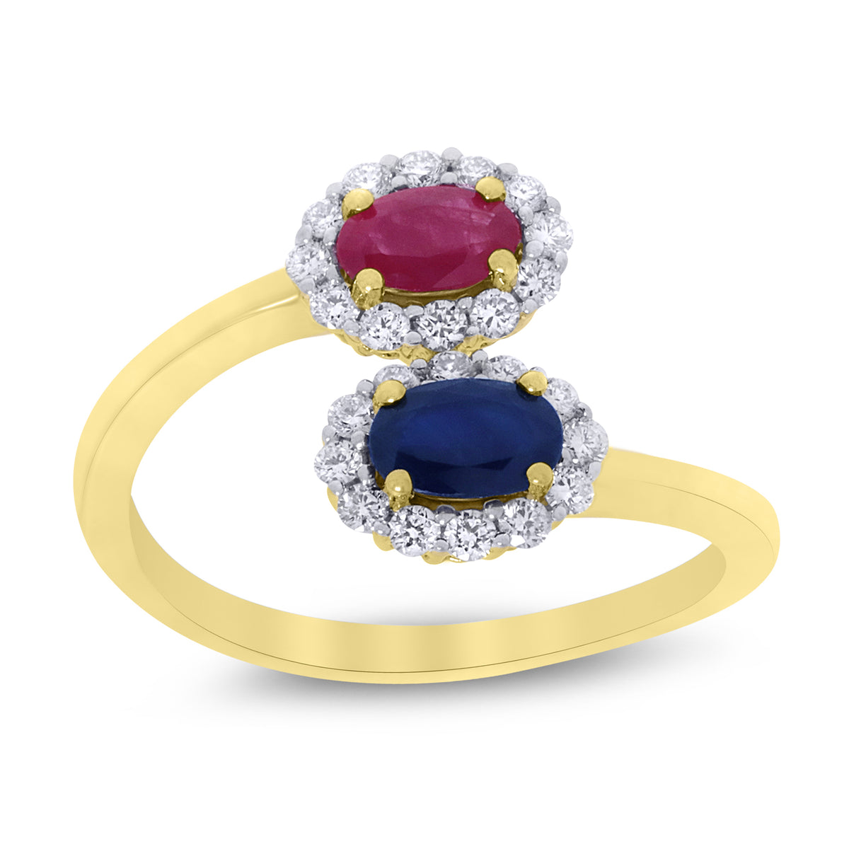 9ct  gold double 5x3mm oval ruby/sapphire &amp; diamond crossover cluster ring 0.14ct