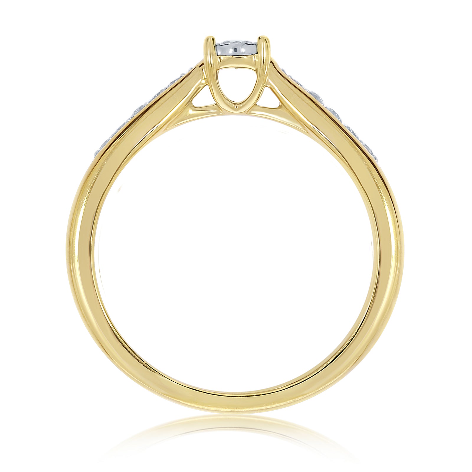 9ct gold single stone miracle plate diamond ring with diamond set shoulders 0.10ct