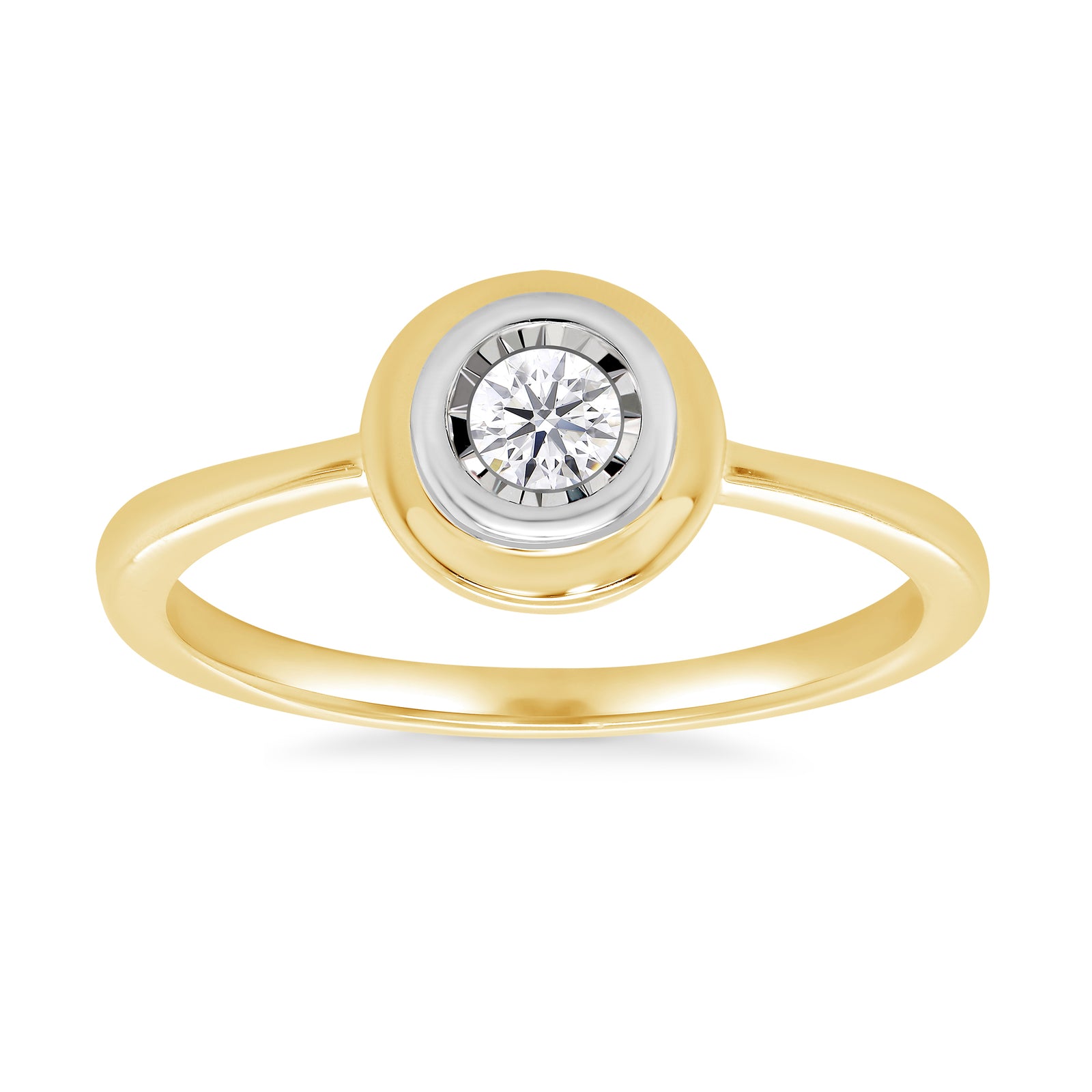 9ct gold single stone donut miracle plate rubover diamond ring 0.15ct