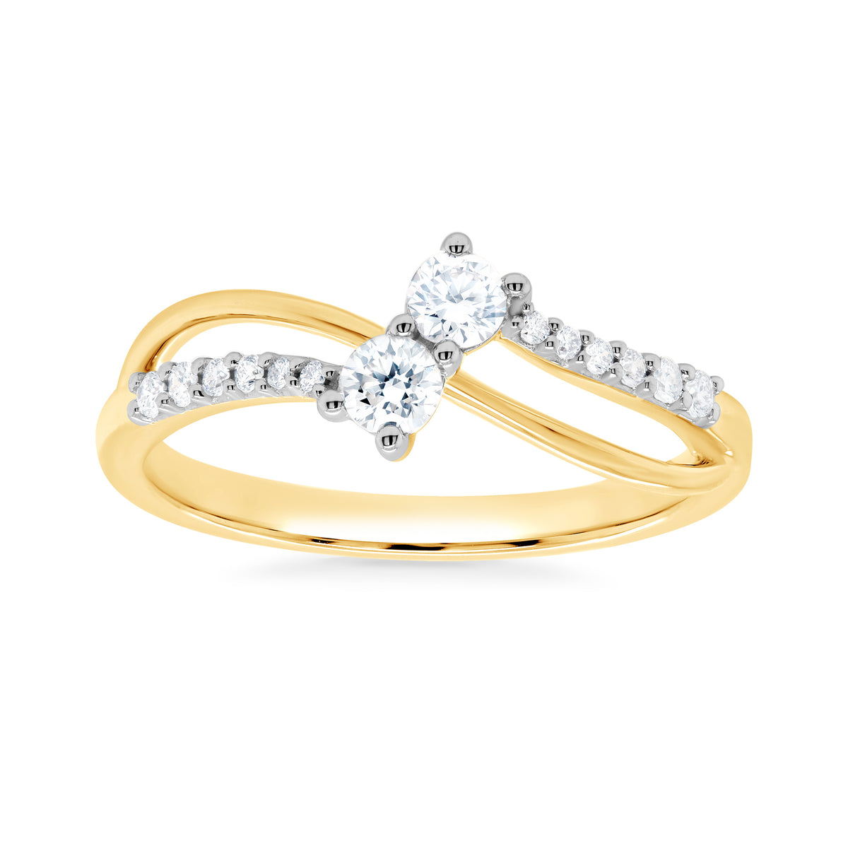 9ct gold 2 stone diamond cross over ring 0.32cts