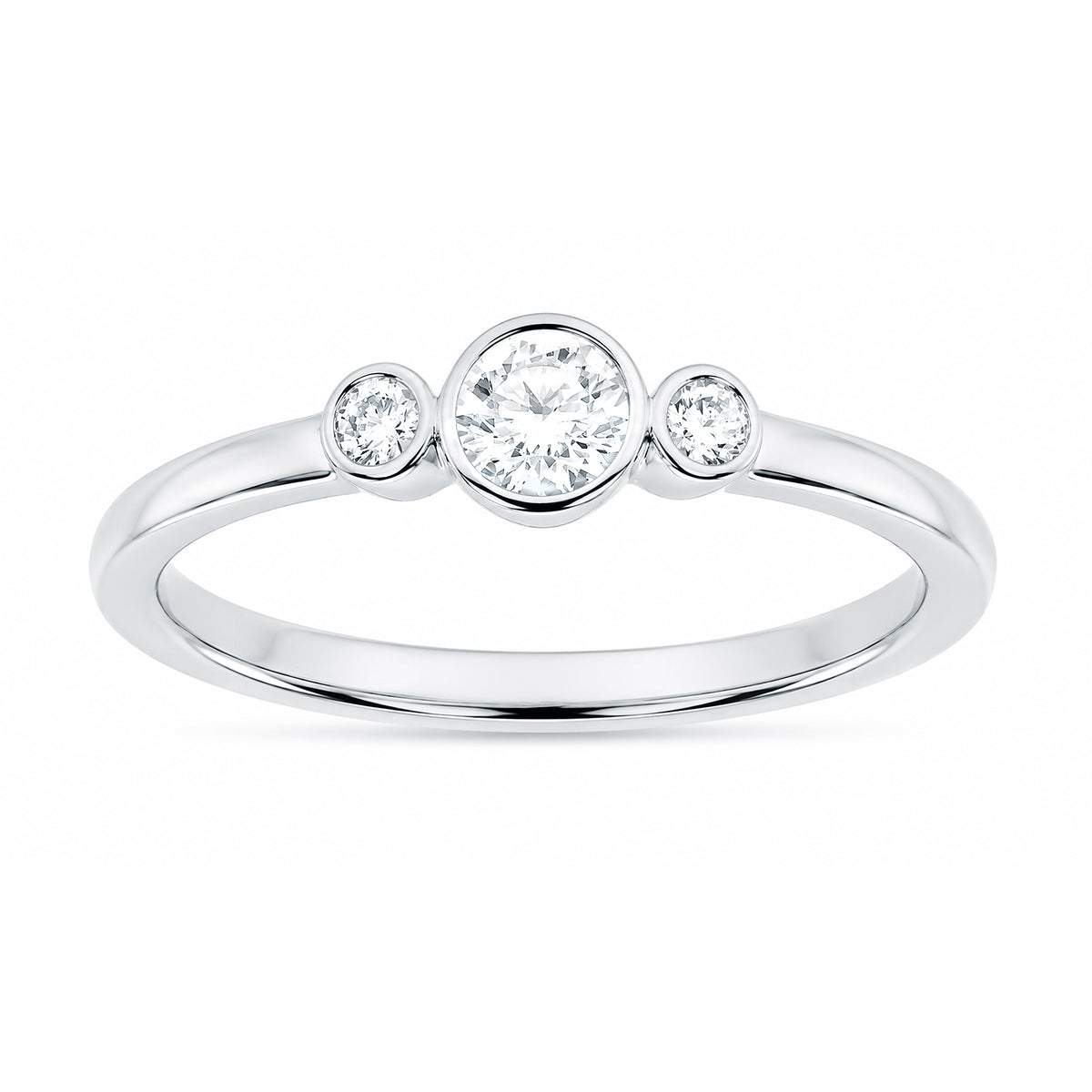 9ct white gold 3 stone dia rubover ring 0.26cts