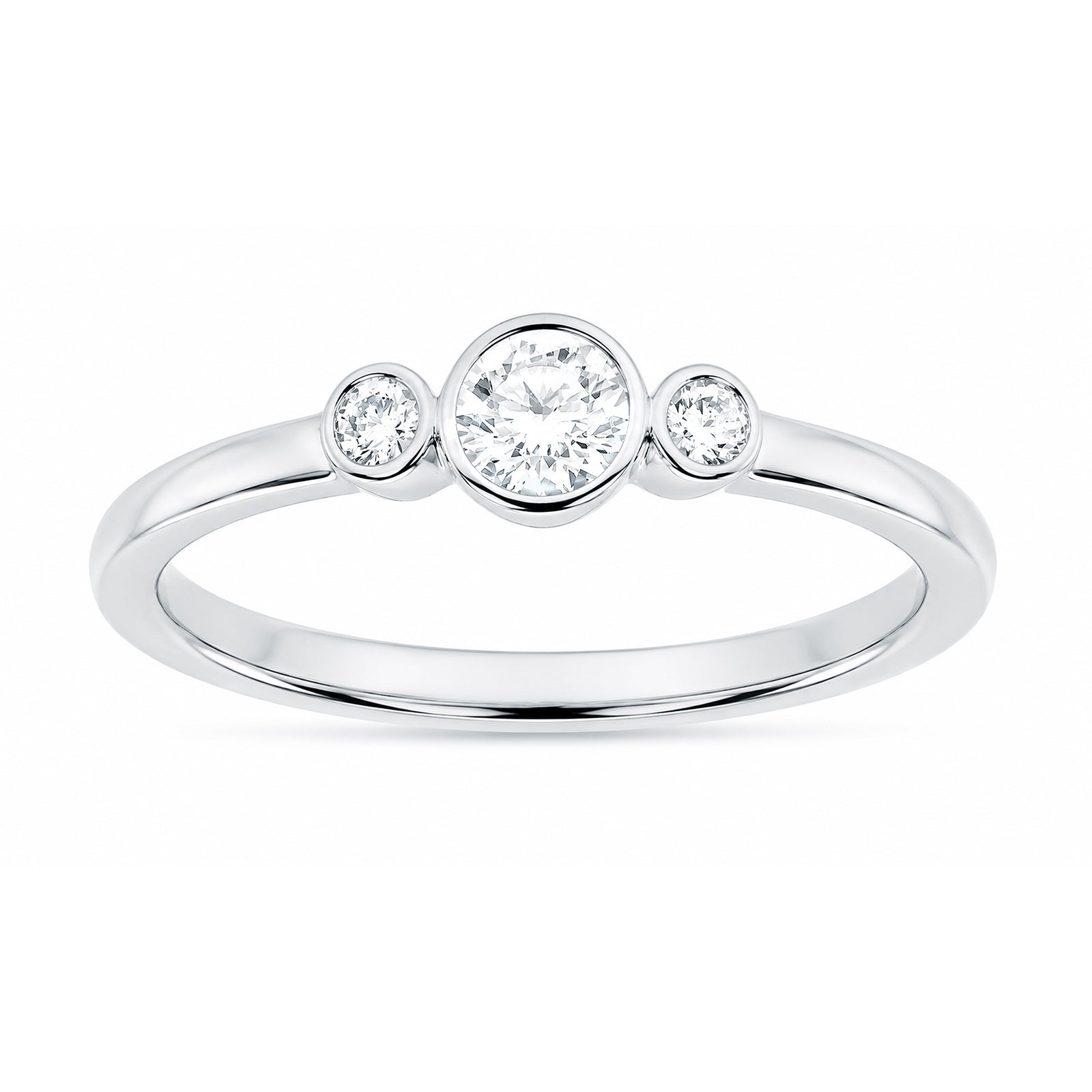9ct white gold 3 stone dia rubover ring 0.26cts