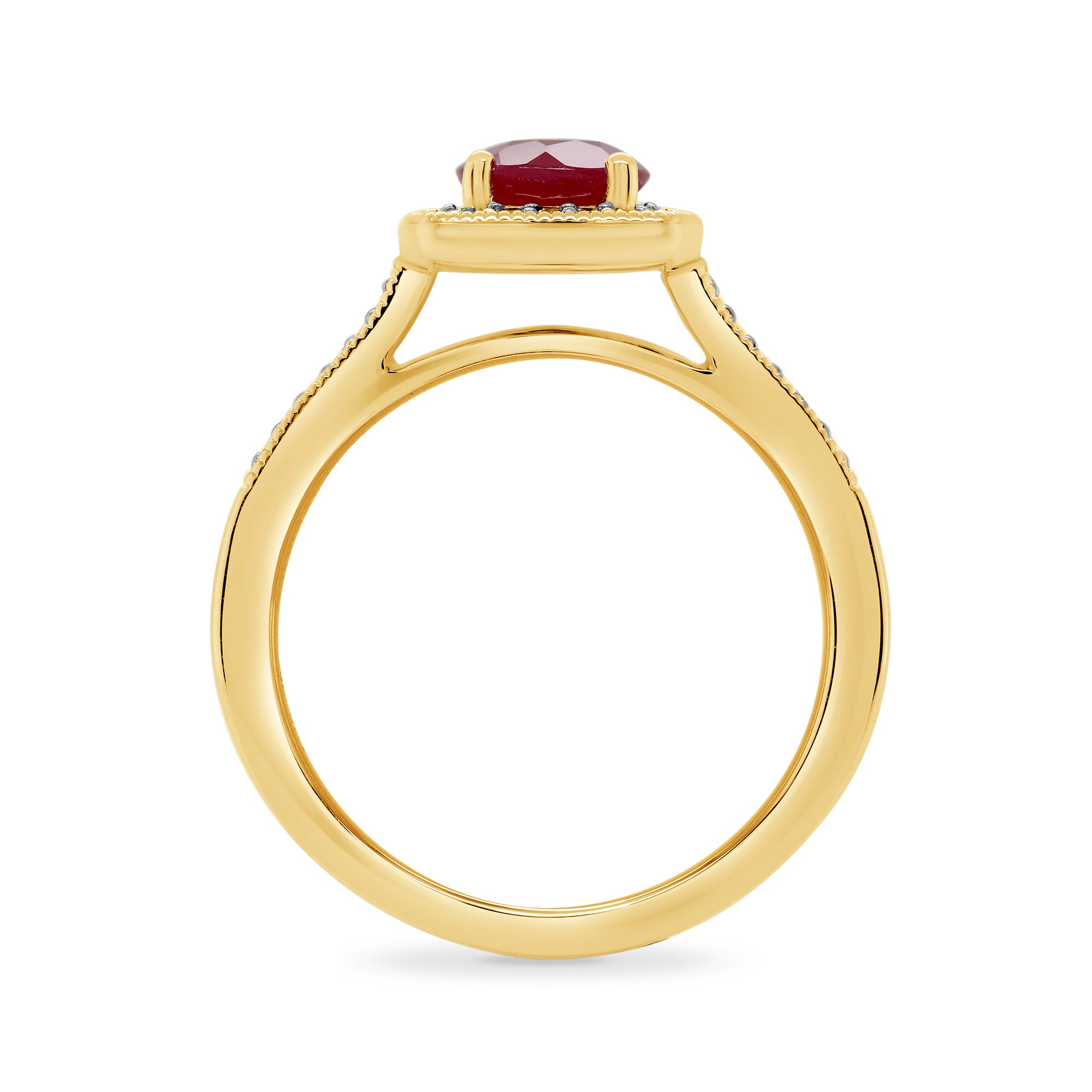 9ct gold 5mm round ruby & diamond cluster ring with diamond set shoulders 0.17ct