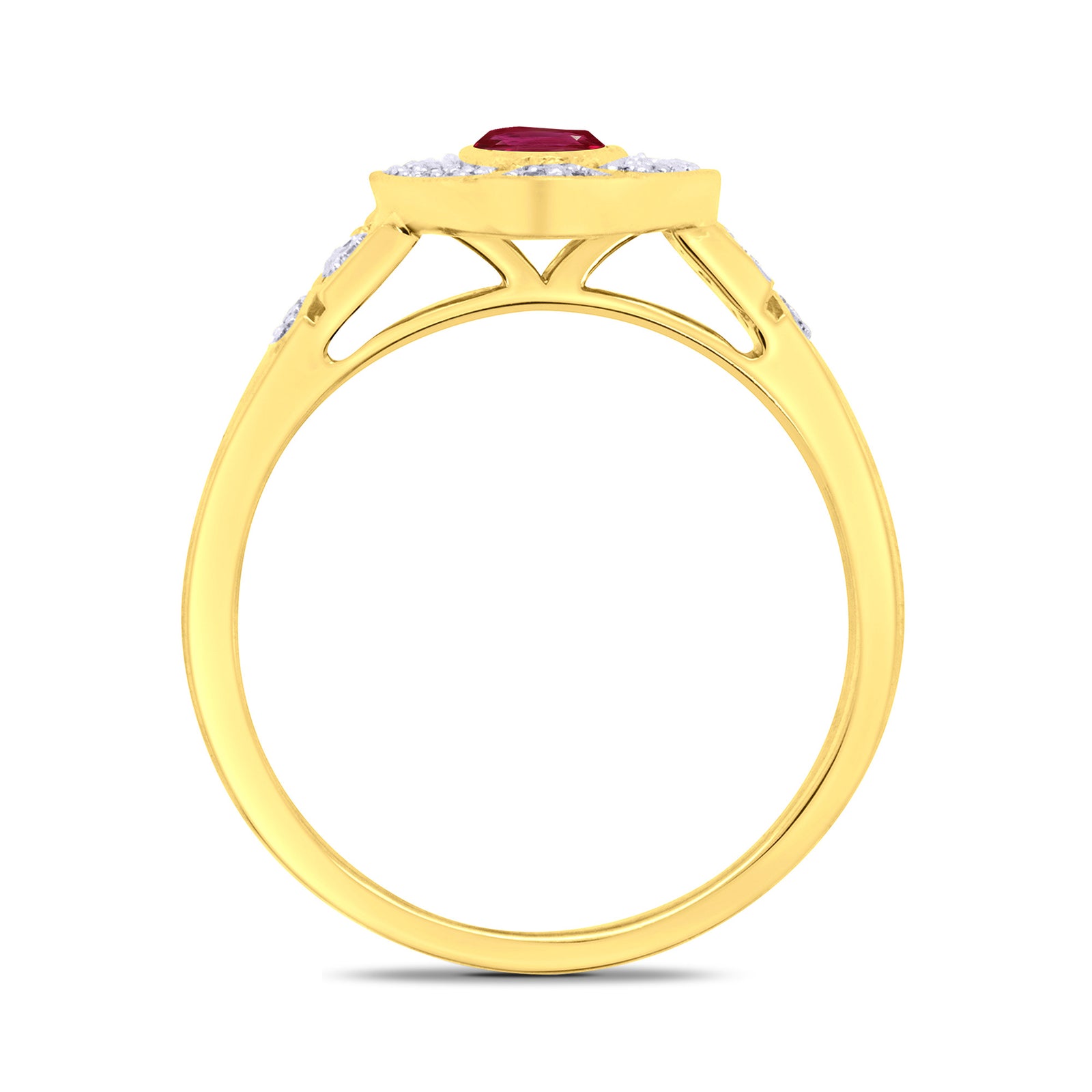 9ct gold 6x4mm oval ruby & antique style diamond cluster ring 0.18ct