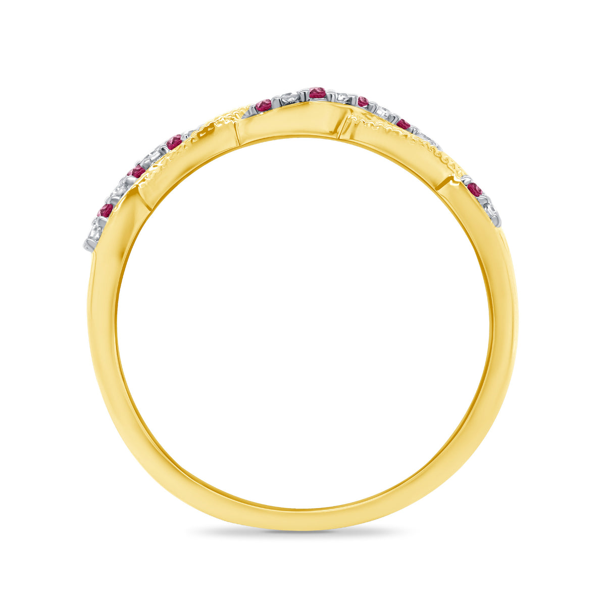 9ct gold ruby & diamond swirl half eternity ring 0.05ct