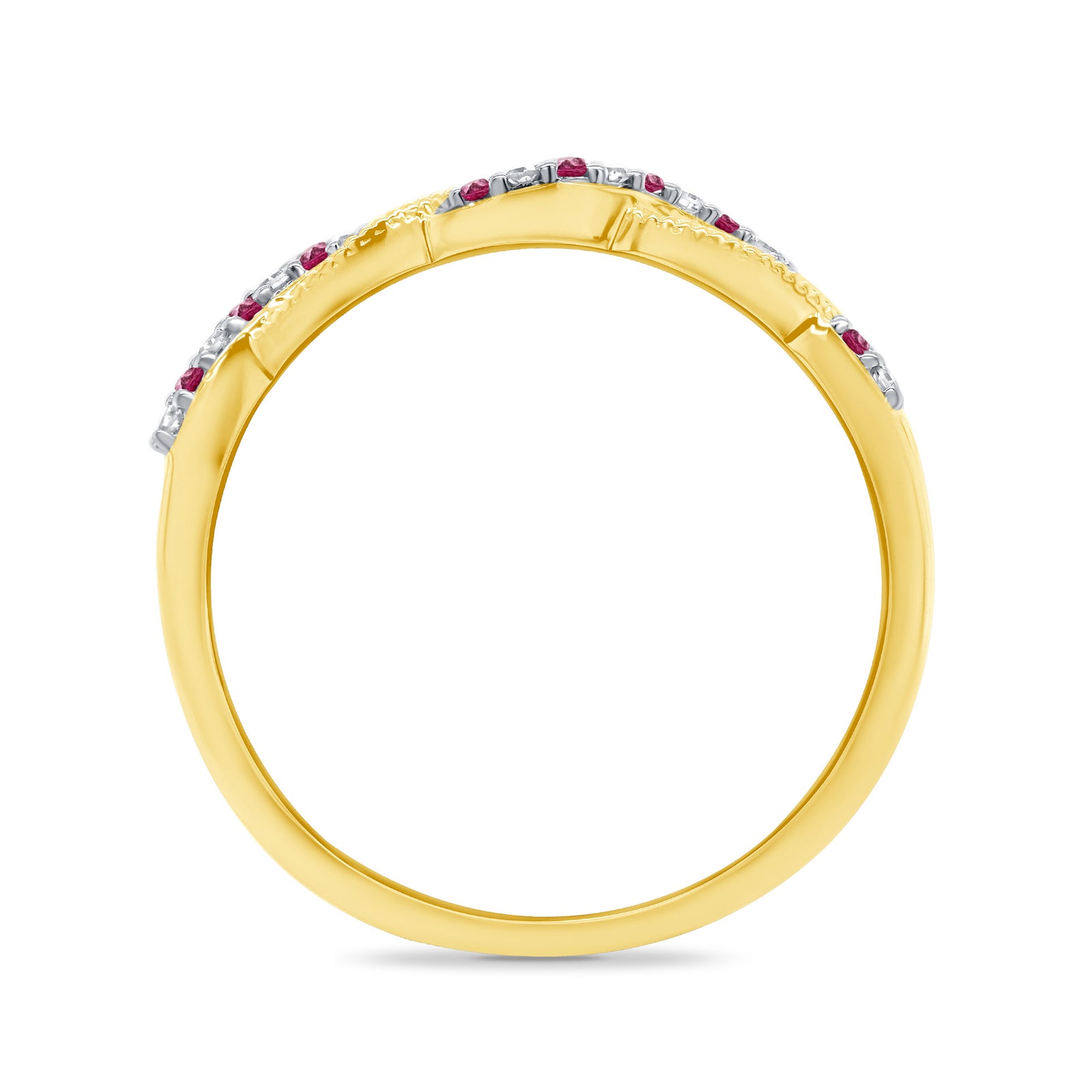 9ct gold ruby & diamond swirl half eternity ring 0.05ct