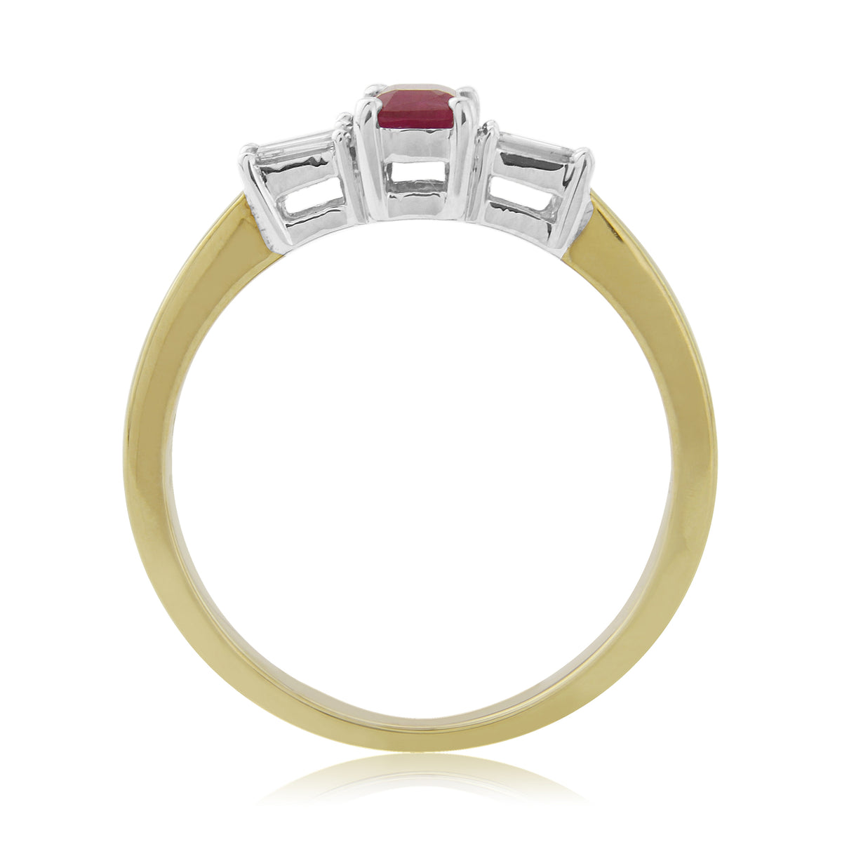 9ct gold 6x4mm octagon cut ruby & baguette diamond shoulders ring 0.12ct
