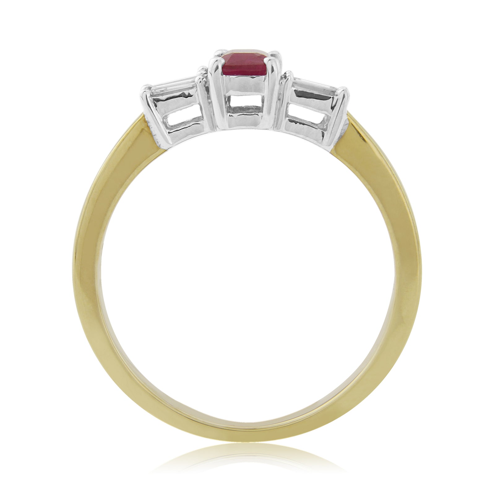 9ct gold 6x4mm octagon cut ruby & baguette diamond shoulders ring 0.12ct