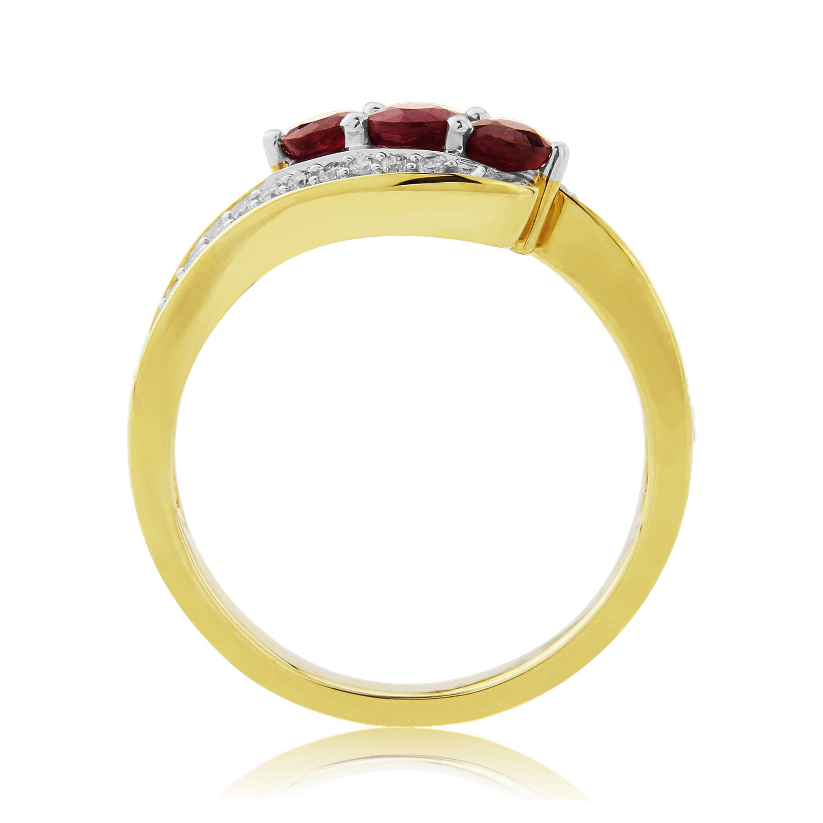 9ct gold three stone ruby ( 1 x 3.75mm & 2 x 3.25mm) & diamond cross-over ring 0.17ct